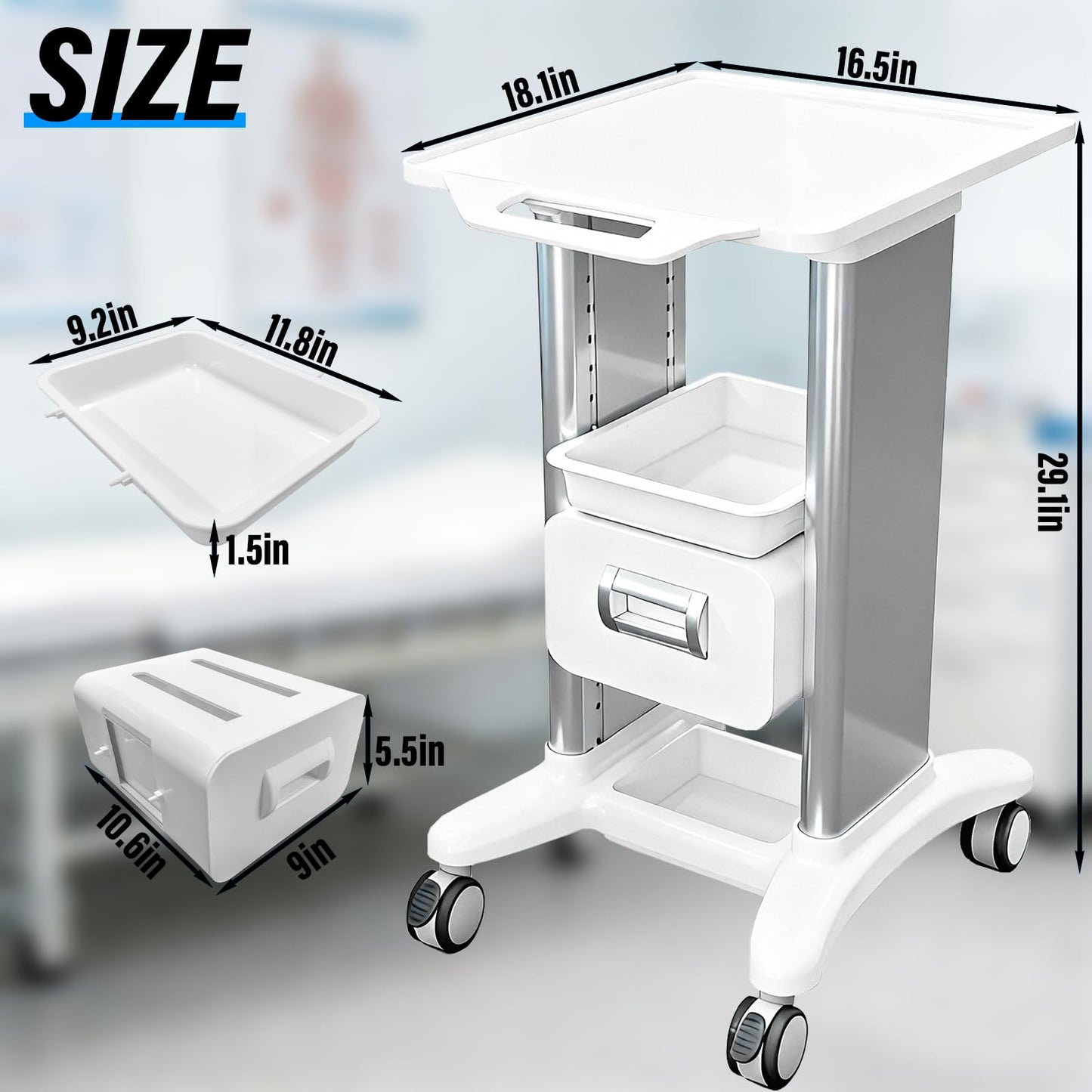 Medical Trolley Cart Mobile with Drawers, Hospital Ultrasound Cart with 4 Silent Swivel Wheels, Portable Medical Trolley Carts, 225 LBS Load, for Beauty, Salon, Clinic and Lab (Silver, Single Drawer)