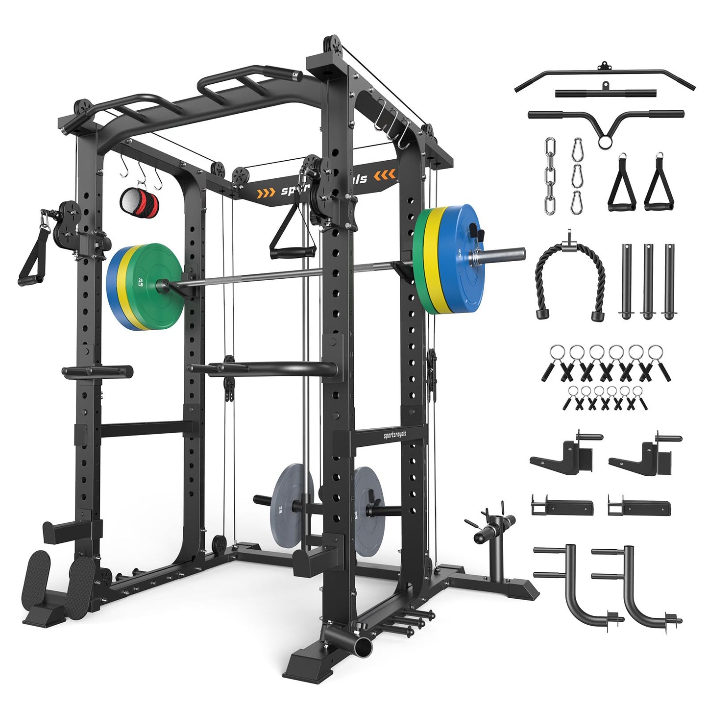 Sportsroyals Power Cage, Multi-Functional Squat Rack, Power Rack with Pulley System & LAT Pull Down, Workout Cage with J Hooks for Home Gym