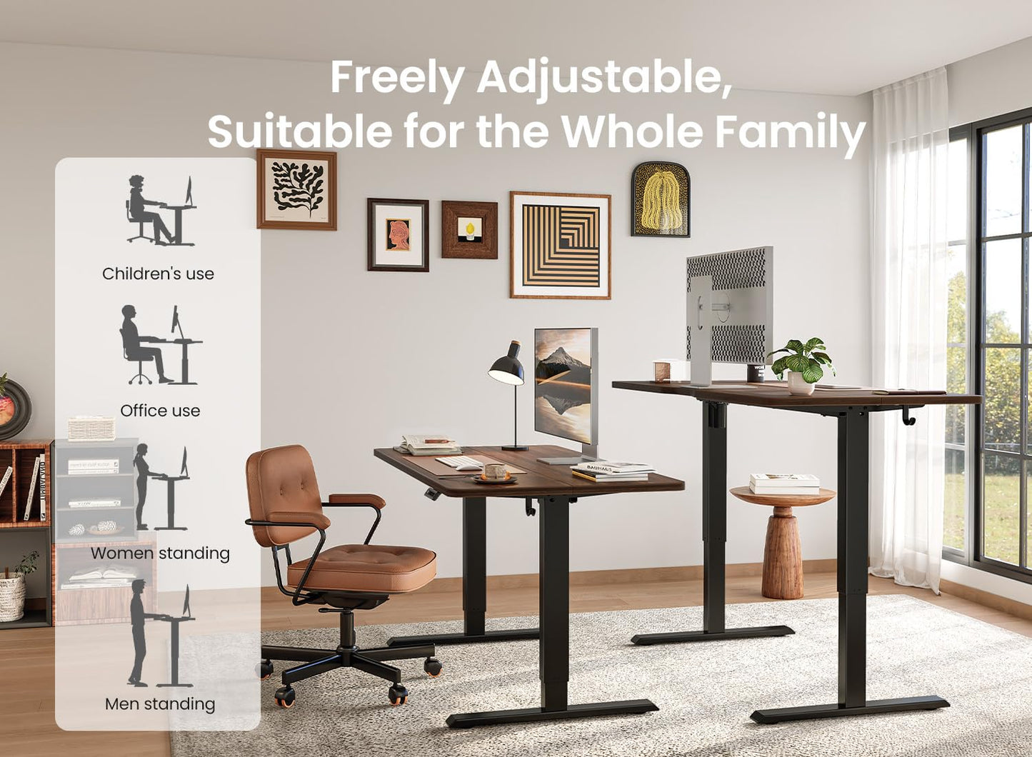 BANTI 55 × 28 Inches Standing Desk, Ergonomic, Electric Height Adjustable, Sit and Stand Up, Computer Desk with a Deeper Desktop, Black Frame/Black Walnut Top
