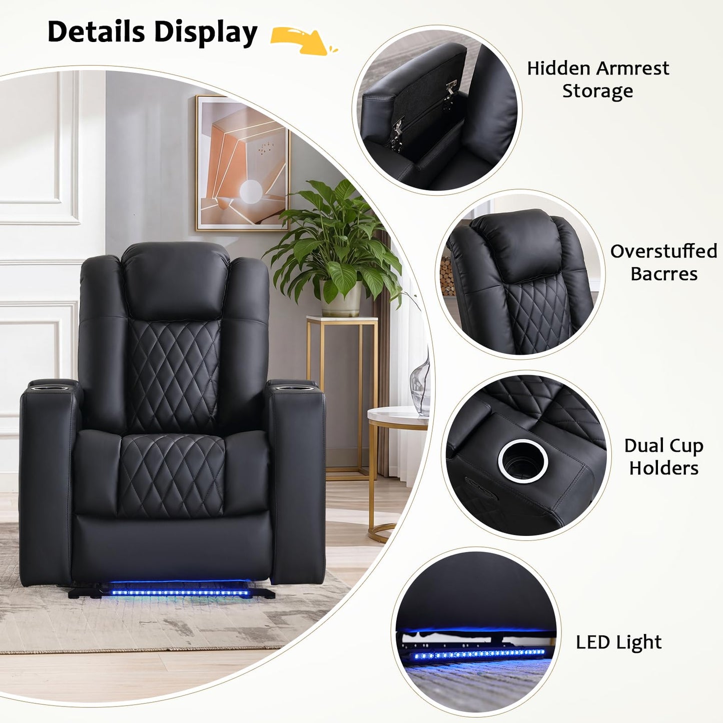 ANJ Home Theater Seating Power Recliner with Hidden Arm Storage, Faux Leather Recliners with LED Light, Electric Movie Reclining Chairs with USB Ports & Cup Holders for Media Living Room, Black
