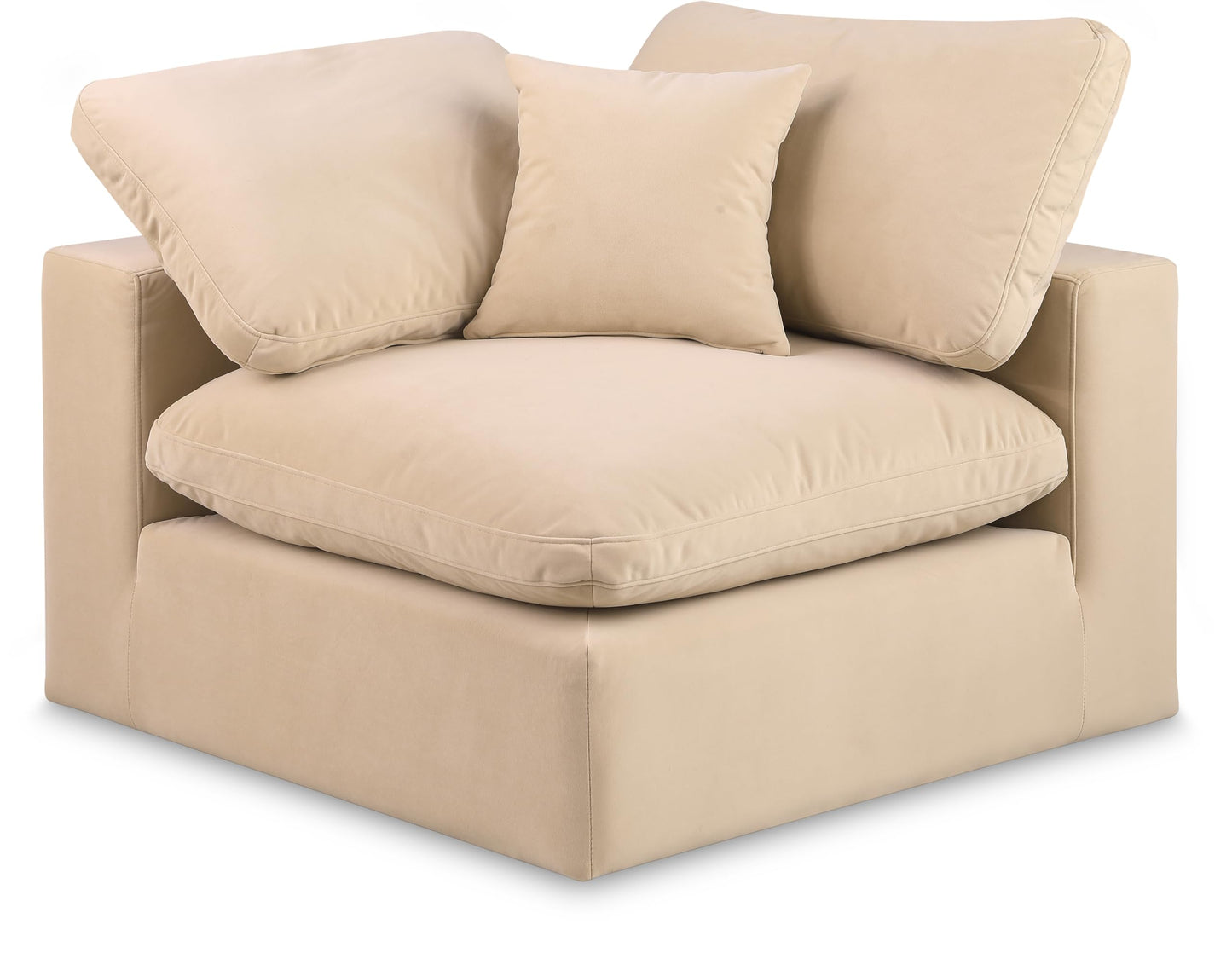 Meridian Furniture 189Beige-Corner Comfy Collection Modern | Contemporary Velvet Upholstered Corner Chair, Soft Beige Velvet, Down Feather Cushions, 40" W x 40" D x 34.5" H, Beige