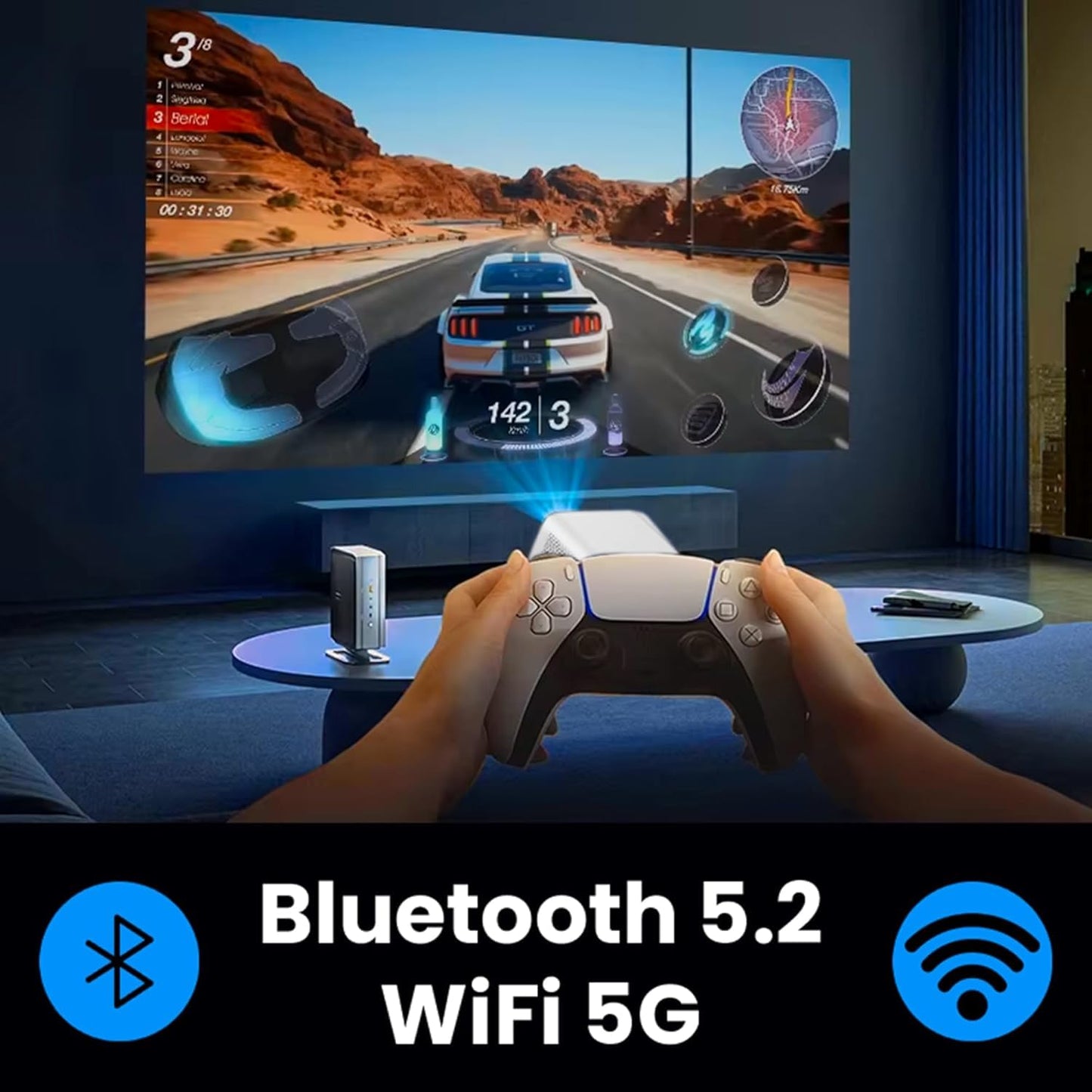 Smart Mini Projector with WiFi & Bluetooth, Native 1080P Full HD Portable Projector with Auto Focus & Keystone, Built‑In Apps, HDMI/USB, Small Home Theater Movie Projector for Indoor & Outdoor Use