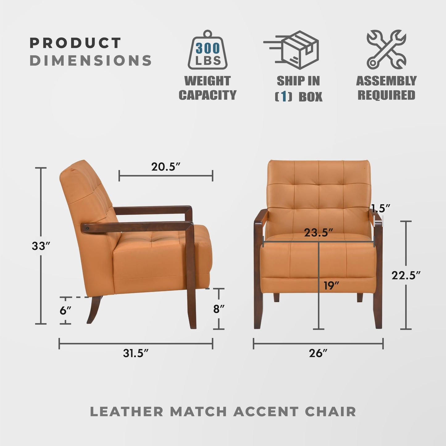 Lexicon Modern Accent Chair, Luxury Genuine Leather Match Living Room Chair with Tufted Cushions, Solid Wood Frame and Arm Rest, Comfy Upholstered Single Seat for Bedroom/Reading/Office, Orange