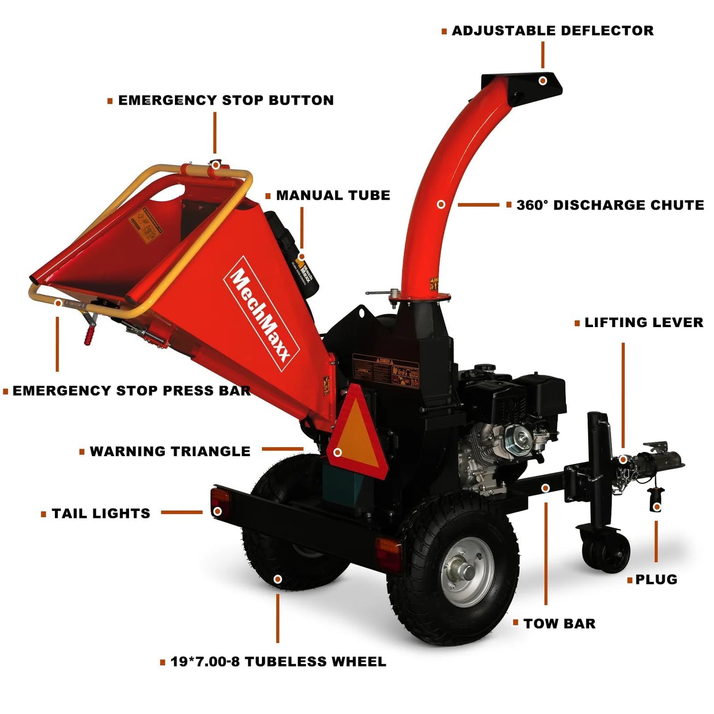 MechMaxx 5'' Inch E-Start 420cc 15hp Gas Powered Wood Chipper Shredder Mulcher with Tail Light, Towbar, Emergency Stop Button, Stop Bar, Model P4205 Red