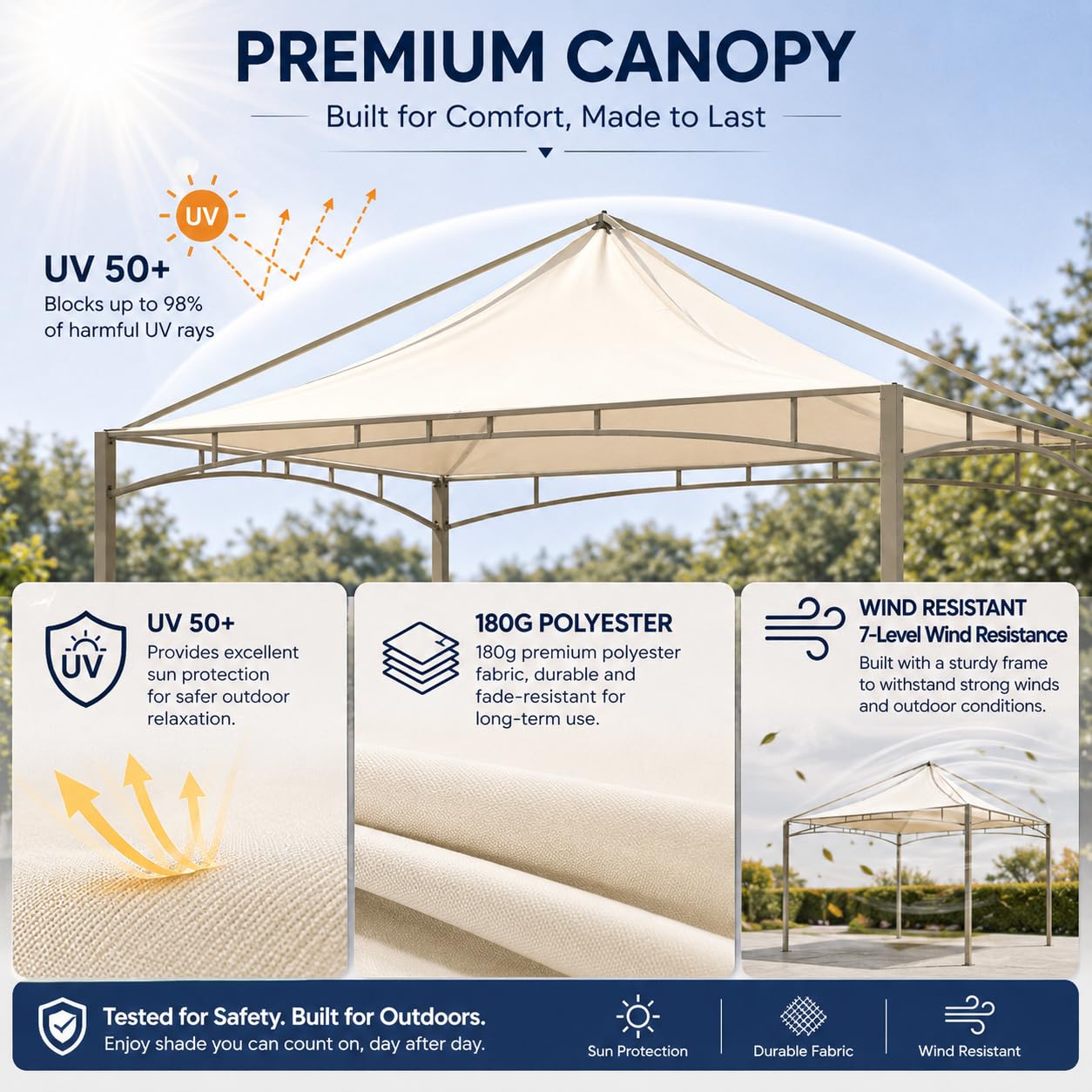LAUSAINT HOME 10x10 Outdoor Shade Canopy Gazebo for Patio Lawn & Garden, UV50+ Sun Protection Gazebo with 180G Polyester Fabric, Sturdy Powder Coated Metal Frame, Includes 8 Ground Stakes, Beige