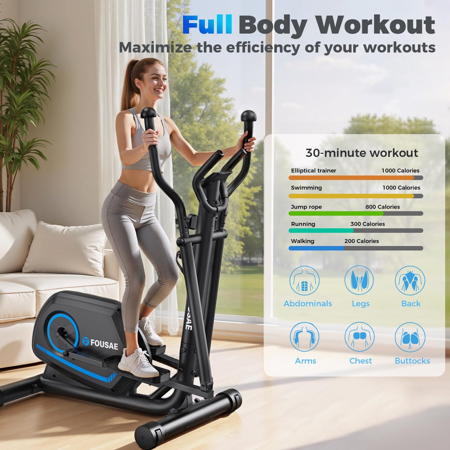 FOUSAE Elliptical Exercise Machine for Home, 16-Level Magnetic Resistance Elliptical Trainer with Hyper-Quiet Drive, 15.5IN AStride, LCD Monitor & App Support, 350LBS Weight Capacity