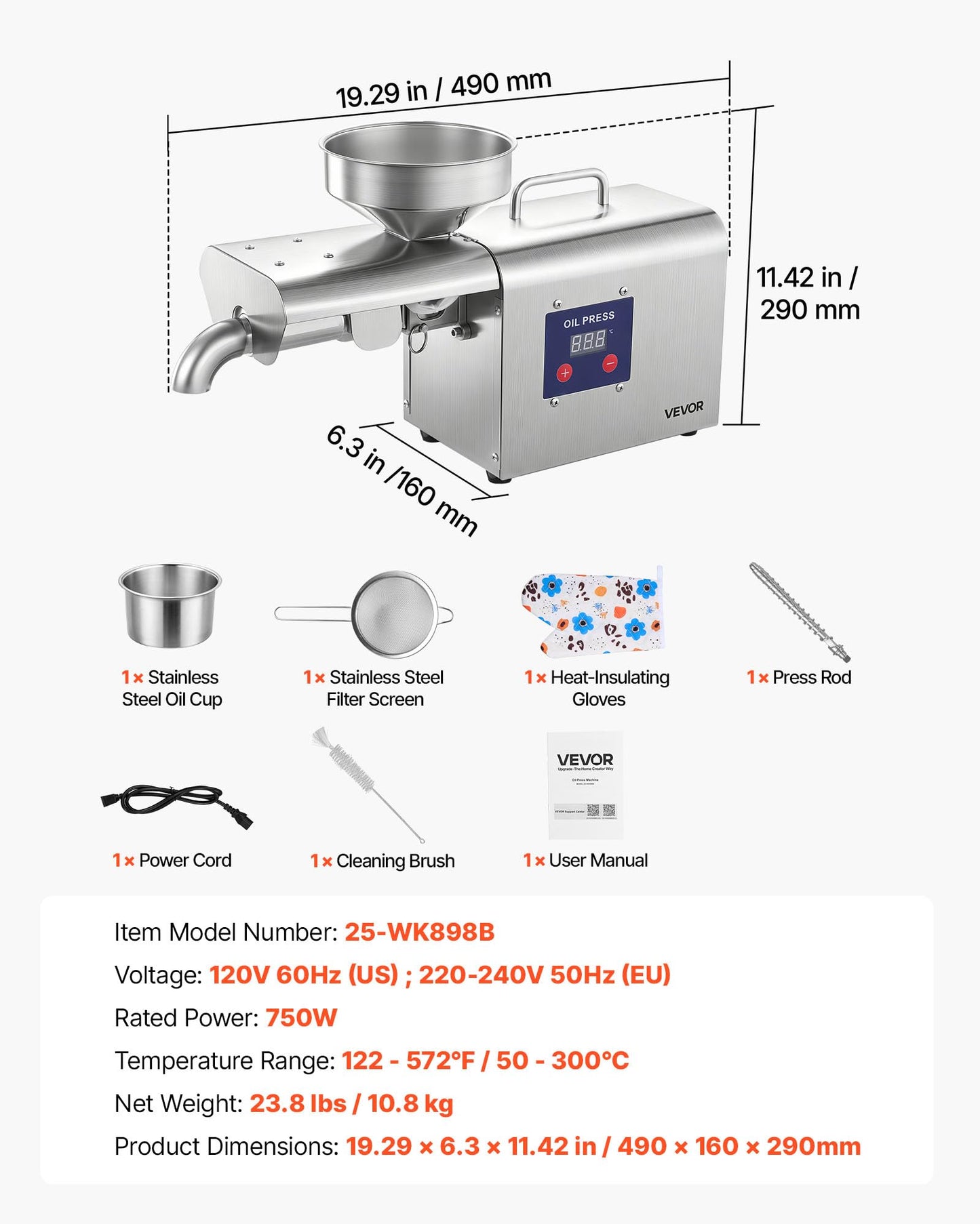 VEVOR Oil Press Machine, 8.27 LBS/H Capacity, Oil Extractor Machine, Automatic Electric Oil Maker for Home Commercial Use, 122℉–572℉ Hot Pressing for Peanuts Sesames Soybeans Almonds
