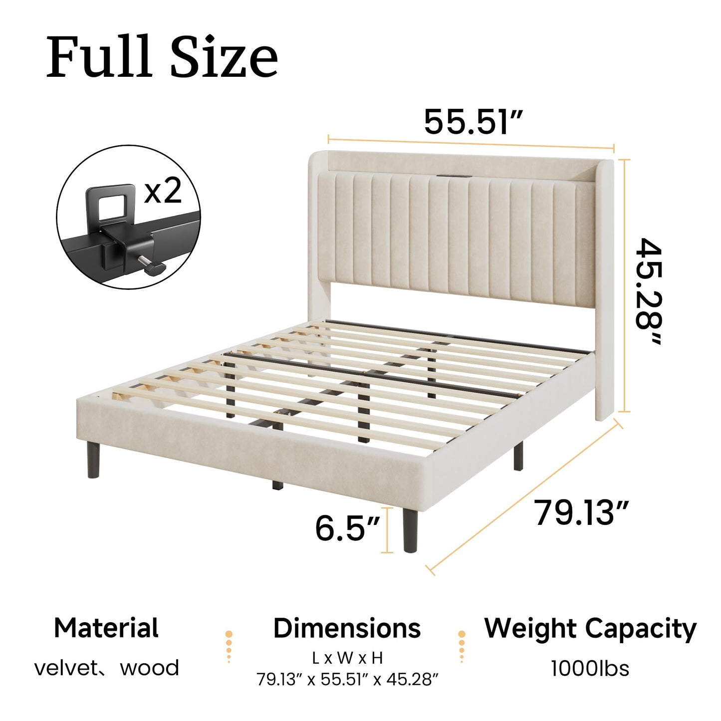 Mxhtcewz Full Velvet Bed Frame with Storage Headboard & Charging Station