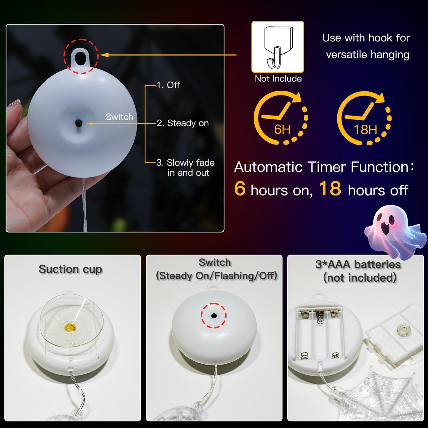 suddus Halloween Window Lights - 3 Pack Battery Operated with Timer - Orange Pumpkin, Purple Spider & White Ghost Decorations
