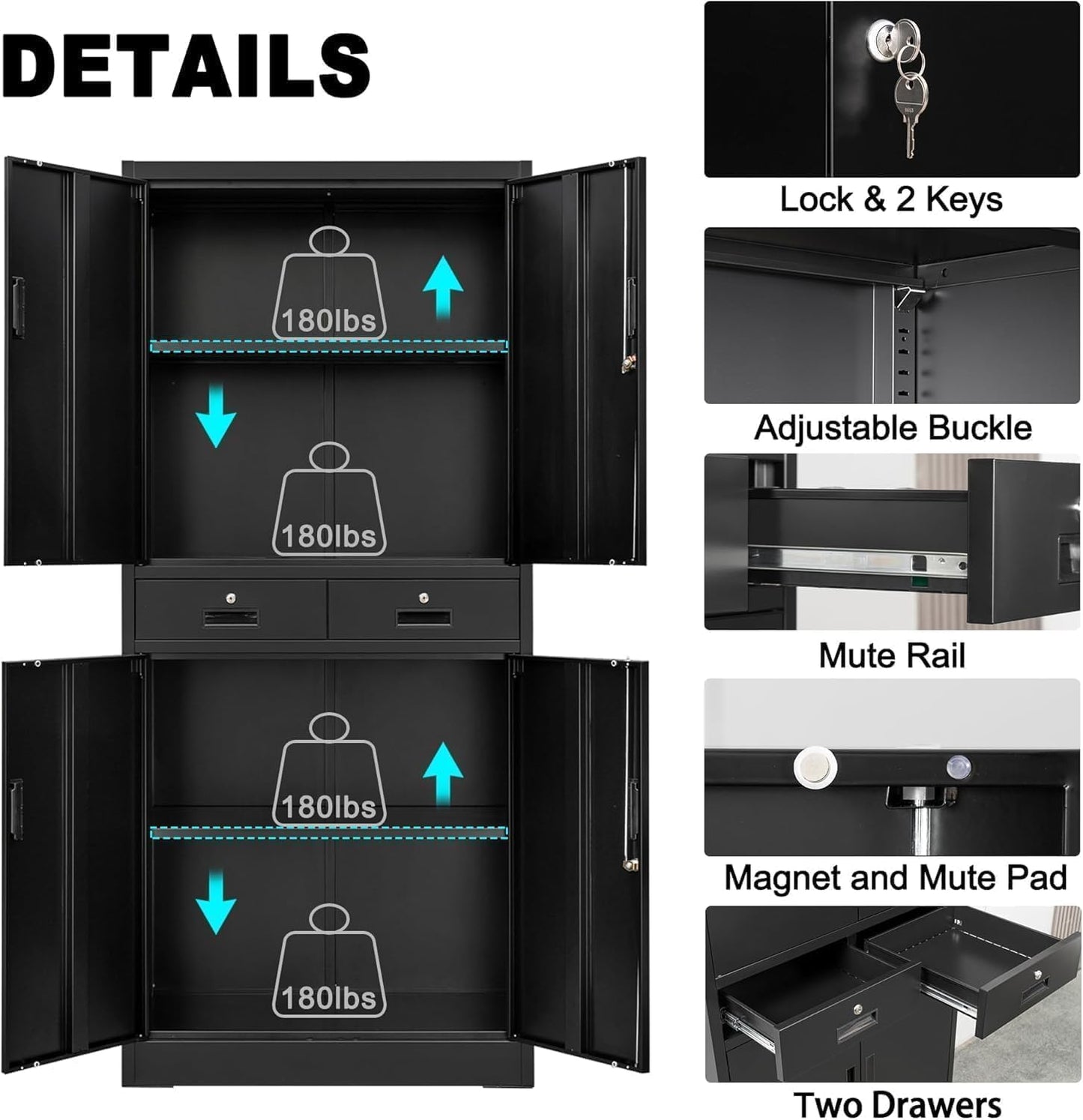 IDEALHOUSE 73'' Metal Storage Cabinet, Heavy Duty Garage Storage with Wheels, Locking Doors and 2 Drawers, Adjustable Shelves for Garage, Workshop, Office, Black