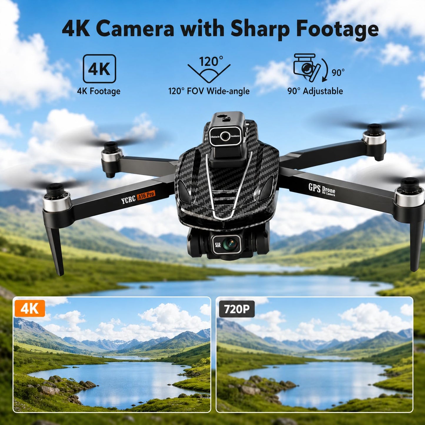 A16 GPS Drone with 4K Camera EIS for Adults, RC Camera Drones with 4.5" HD Screen, GPS Follow & Auto Return & Obstacle Avoidance, Brushless, Long Range Transmission, 3 Speed Adjustable, 60 Mins Flight Time with 2 Batteries, Foldable Drone Kit, Under 249g