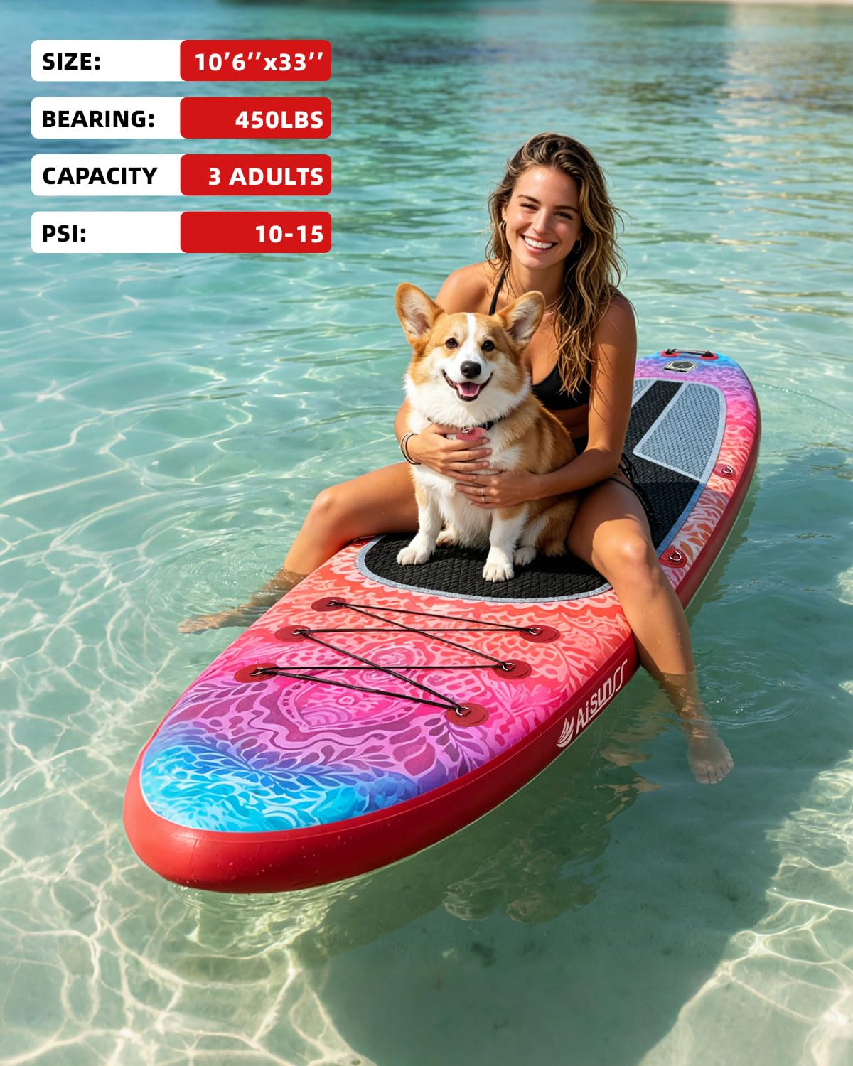 AISUNSS SUP Board 10.6Ft All Around Board Premium iSUP, Yoga Board with SUP Accessories Include Non-Slip mat, Waterproof Phone Bag, Double Action Pump, Adjustable Aluminum Paddle (Red Meditation)