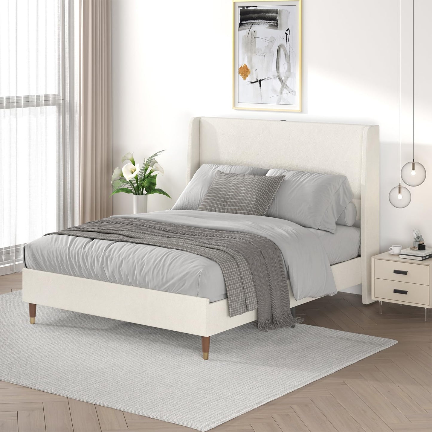 MALOL Queen Size Bed Frame with Upholstered Headboard, Linen Fabric Platform Bed Frame with USB Charging Ports, No Box Spring Needed, Sturdy Metal Support, Noise Free, Modern Bedroom Furniture,Beige