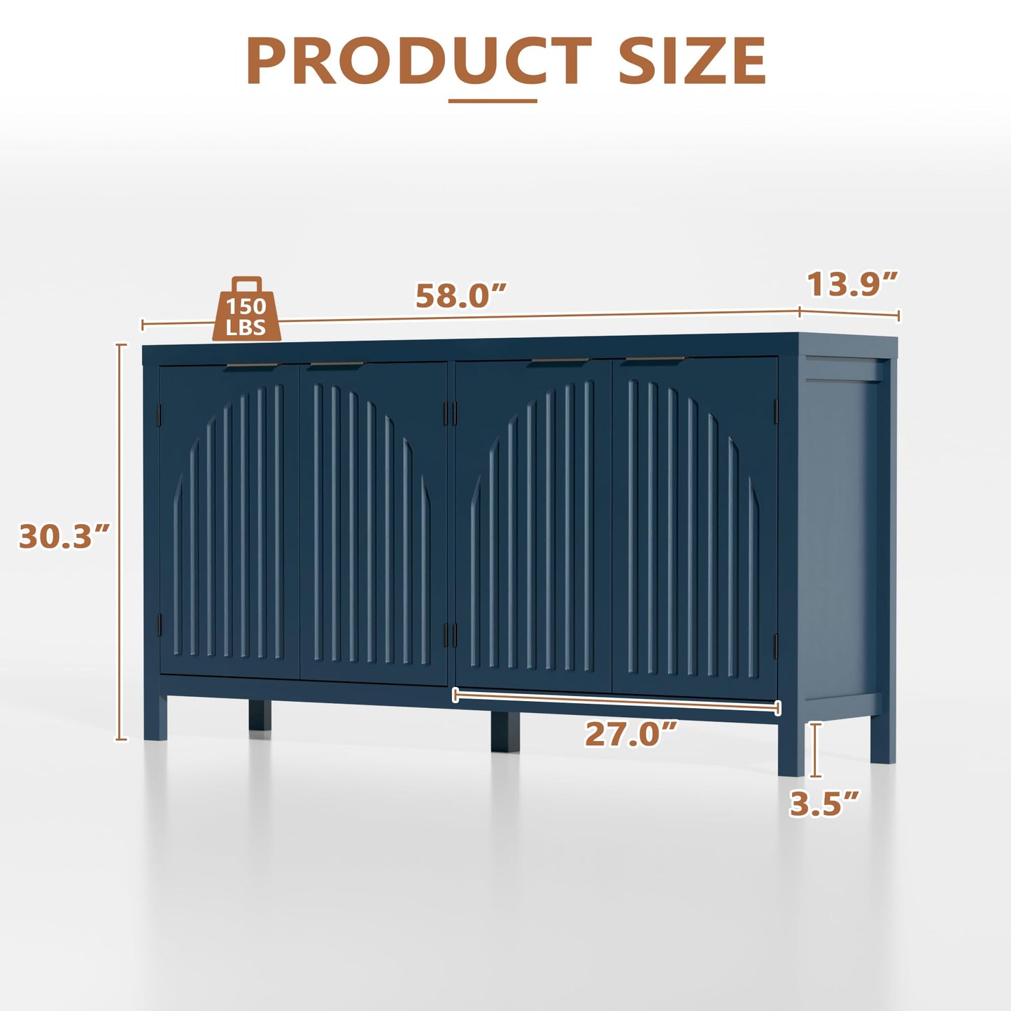 Fluted Sideboard Buffet Cabinet with Storage, 58" Mid Century Modern Accent Cabinet with Arch Doors, Large Wood Media TV Console Table Credenza for Dining Room, Kitchen, Living Room Entryway, Blue