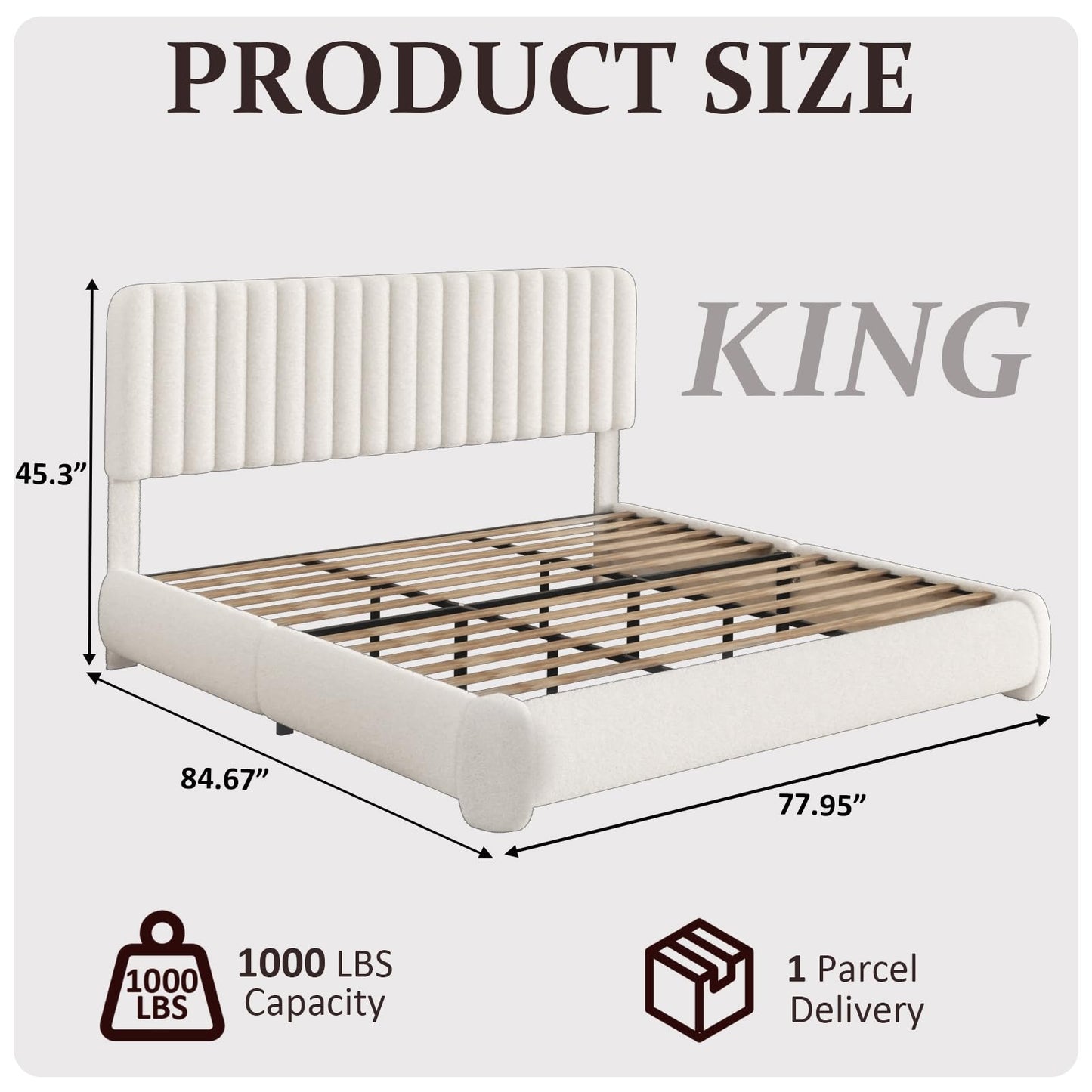 Konprosp King Size Cloud Bed Frame, Upholstered Boucle Platform Bed with Round Corner Adjustable Headboard, Modern Style, No Box Spring Needed, Never Squeak, Easy Assembly, White