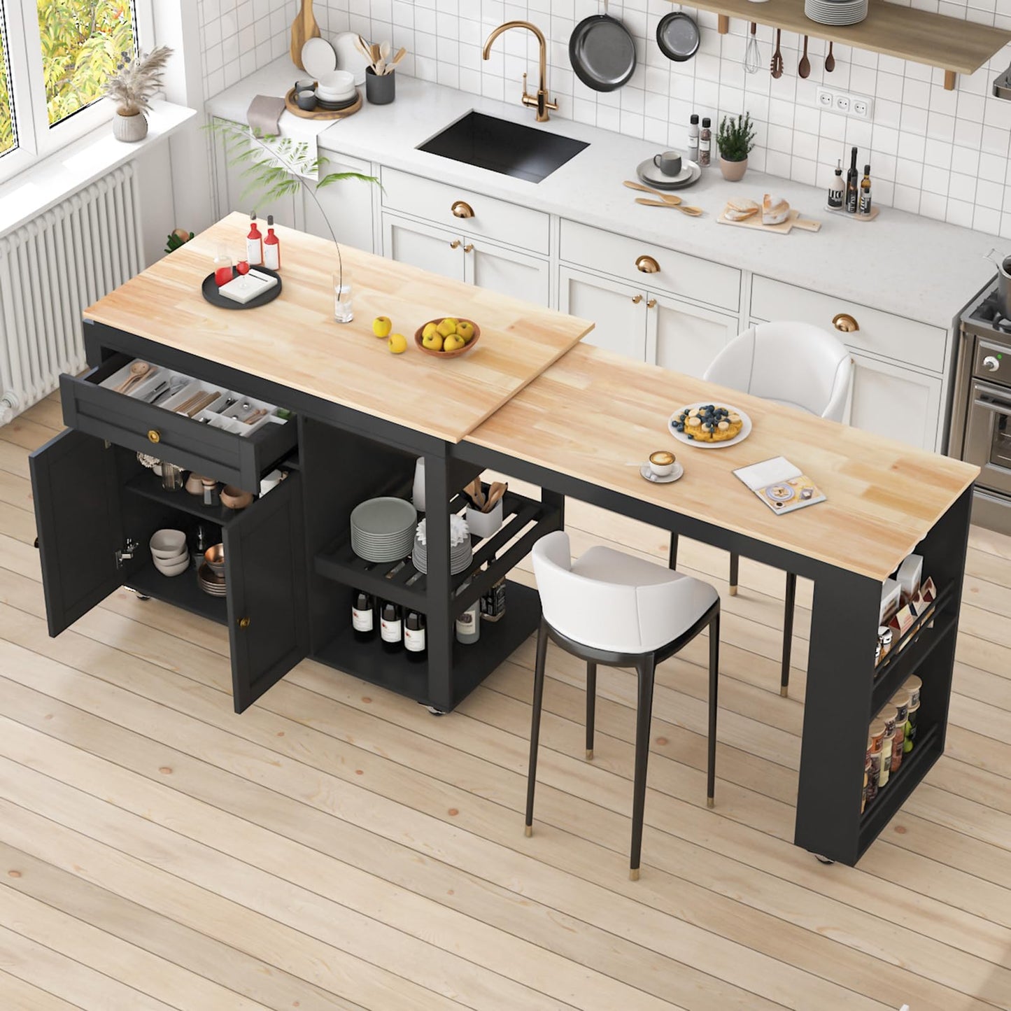 CayugaCrekrd 81.5" Kitchen Island with Extendable Dining Table, Rolling Kitchen Cart on Wheels with Spice Rack, Drawer and Door Cabinet for Dining Room, Black