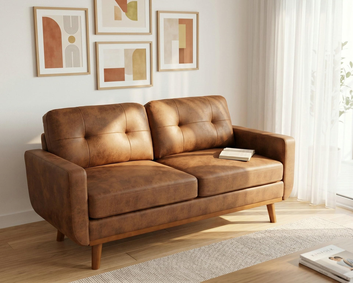 Ball & Cast 65" Loveseat Sofa,Mid Century Modern Love Seat Couches for Living Room,Button Tufted Upholstered Small Couch with Solid Wood Legs for Bedroom,Apartment,Office,Fabric,Light Brown