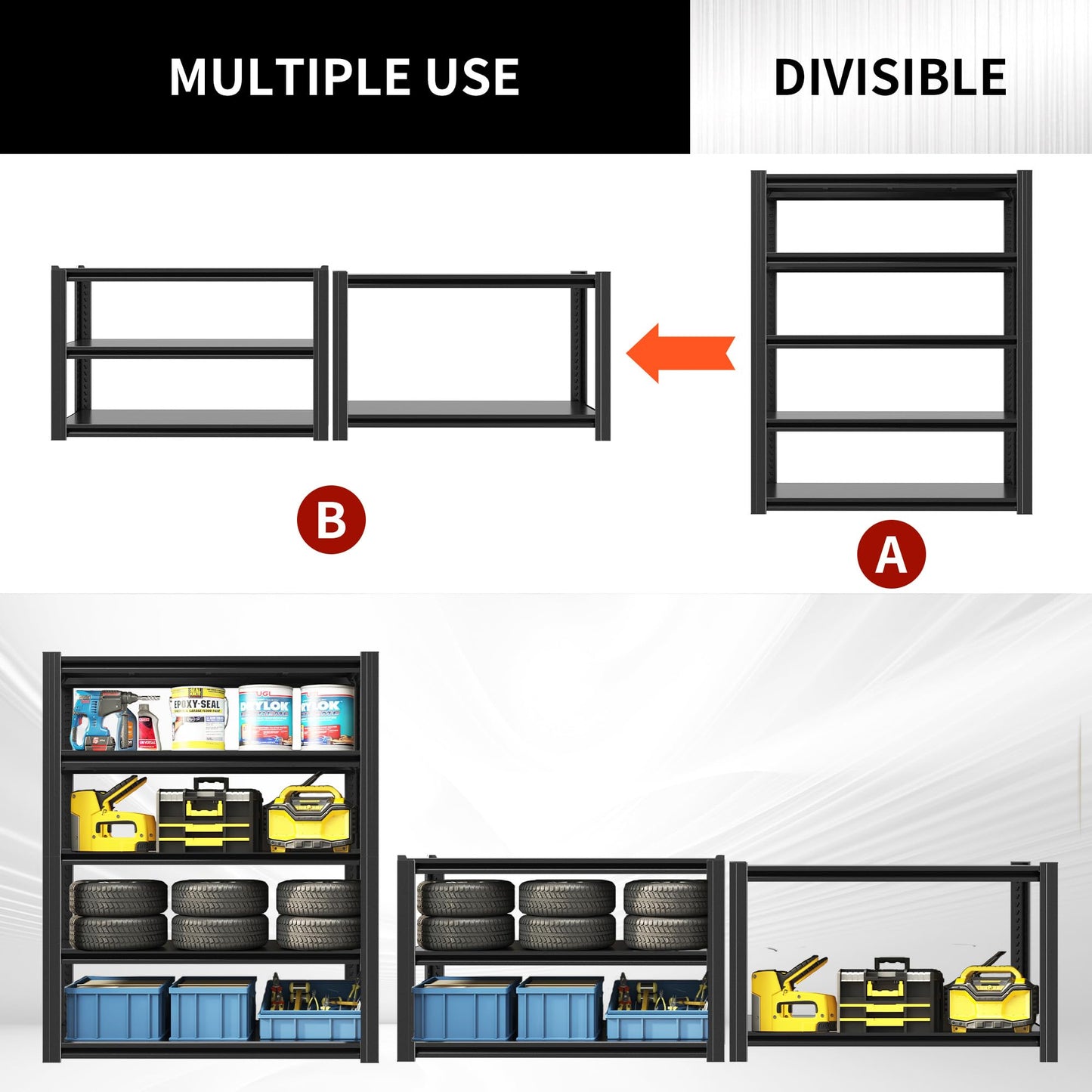EKJ 72" H Shelving Unit 5 Tiers Heavy Duty Garage Shelving 3000LBS Storage Racks Adjustable Metal Shelves Industrial Utility Rack for Garage, Workshop, Basement, Home Office 72" H*47.2W*23.6D