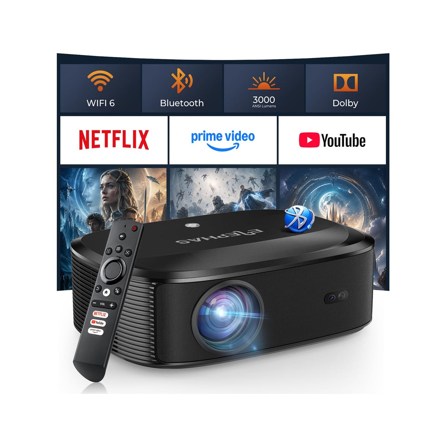 4K Projector with WiFi and Bluetooth - 3000 ANSI Lumens, ELEPHAS Outdoor Movie Projector Compatible with NETFLIX/Prime Video/YouTube, Smart Projector for HDMI/USB/iOS/Android, Portable Home Cinema