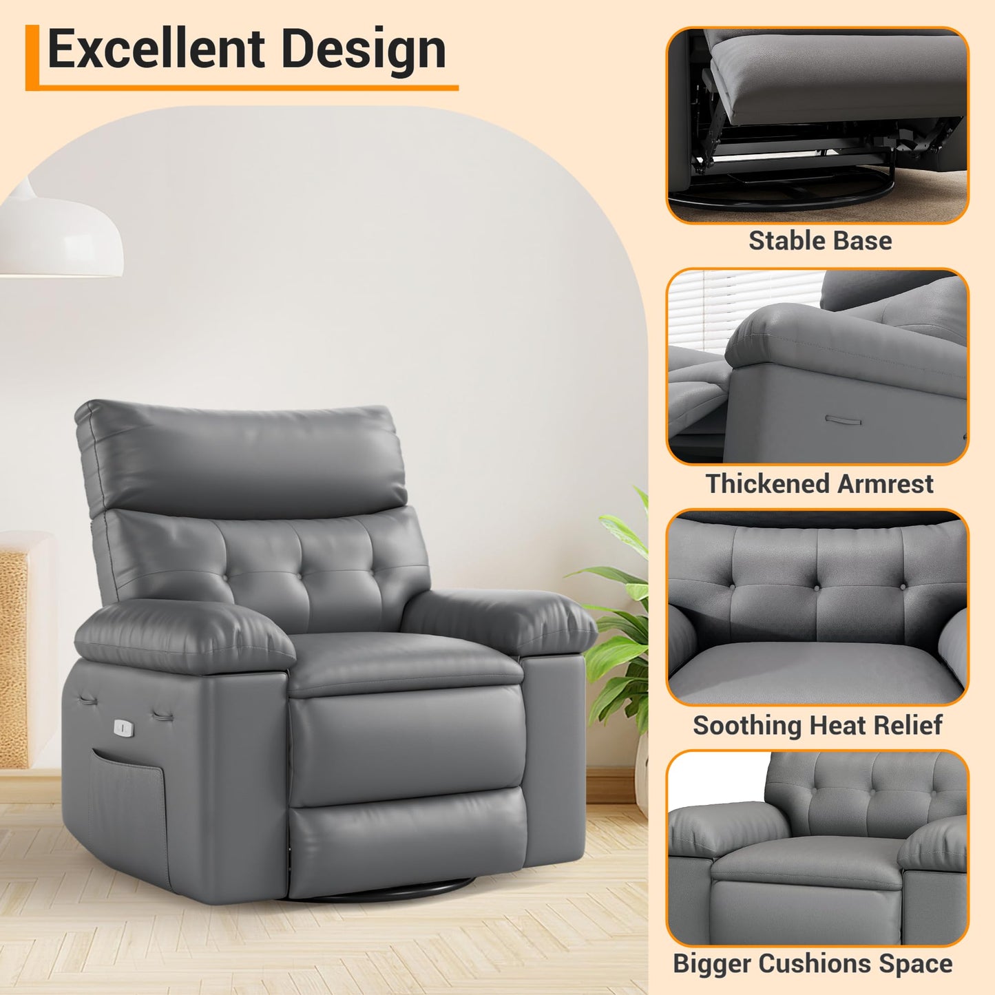Oversized Recliner Chair with Massage, PU Leather Ergonomic Power Swivel Rocker Recliner with Side Pocket & 1.5X Sponge Filling for Living Room, Nursery, or Bedroom, Grey