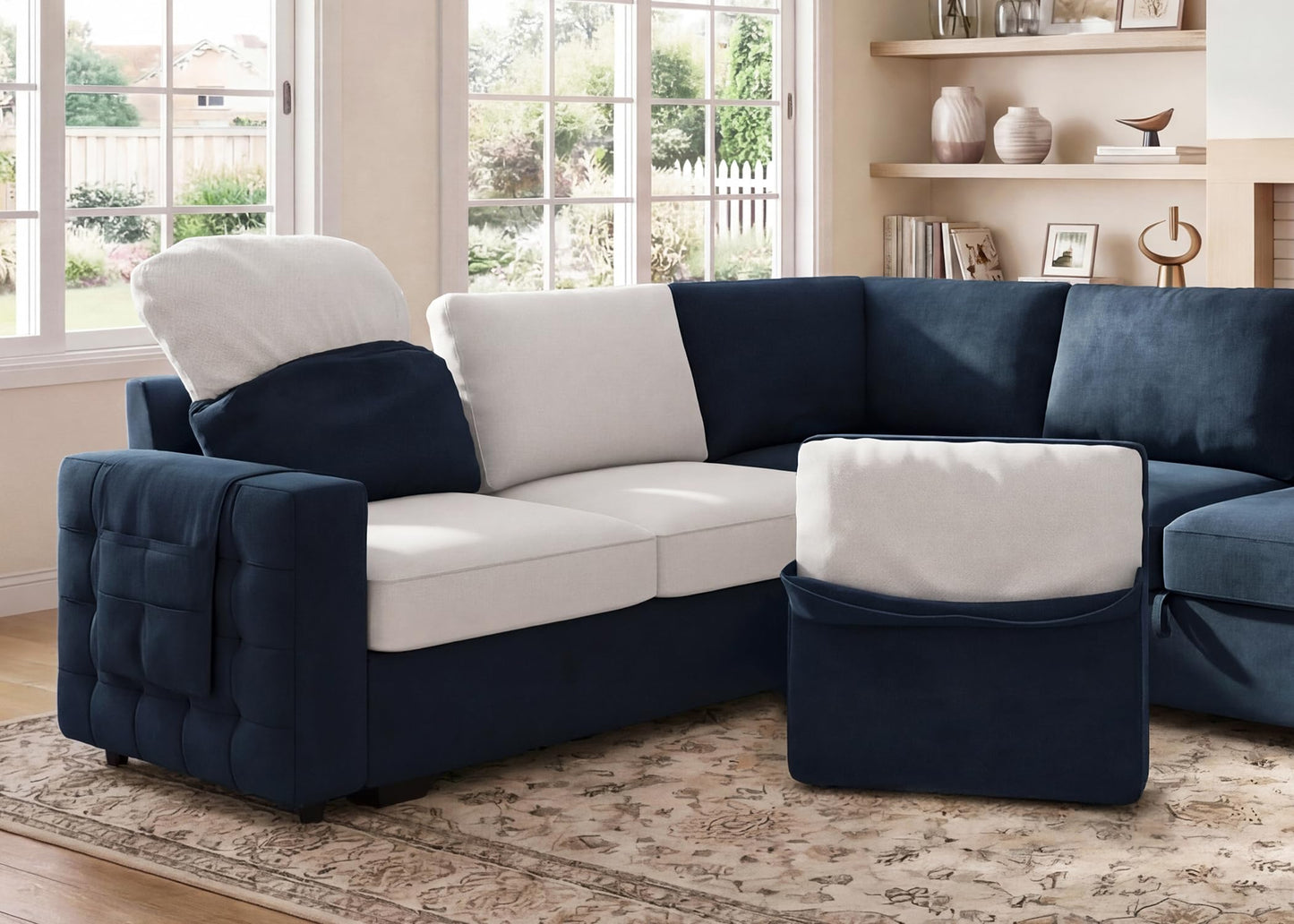 HONBAY Sectional Sleeper Sofa with Pull Out Bed U-Shape Sectional Couch Sleeper Bed with Storage Chaise Lounge Living Room 6 Seater Sectional Sofa,Velvet Dark Blue