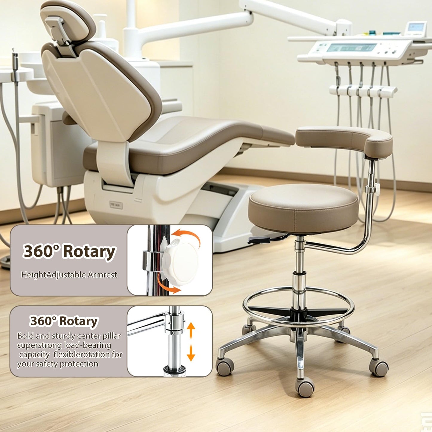 Viviange Ergonomic Dental Stool with Adjustable Height & Rolling Base - Comfortable Dentist Chair for Hygienists, Assistants, & Medical Professionals - Grey