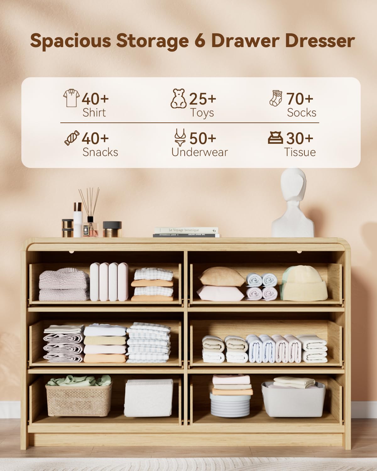 HOTALLOY Fluted 6 Drawer Dresser, 47” Wide Wooden Storage Chest with Rounded Curved Corners and Gold Handles, Natural Oak Wood Dresser for Bedroom, Living Room, Hallway