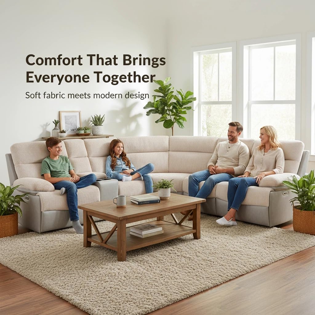 Trygoal Power Reclining Sectional Sofa Set, L-Shaped Sectional Couch for Living Room, Home Theater Seating with Wireless Charging Panel, Intelligent Recliner Sofa with LED Lights, Off-White & Gray