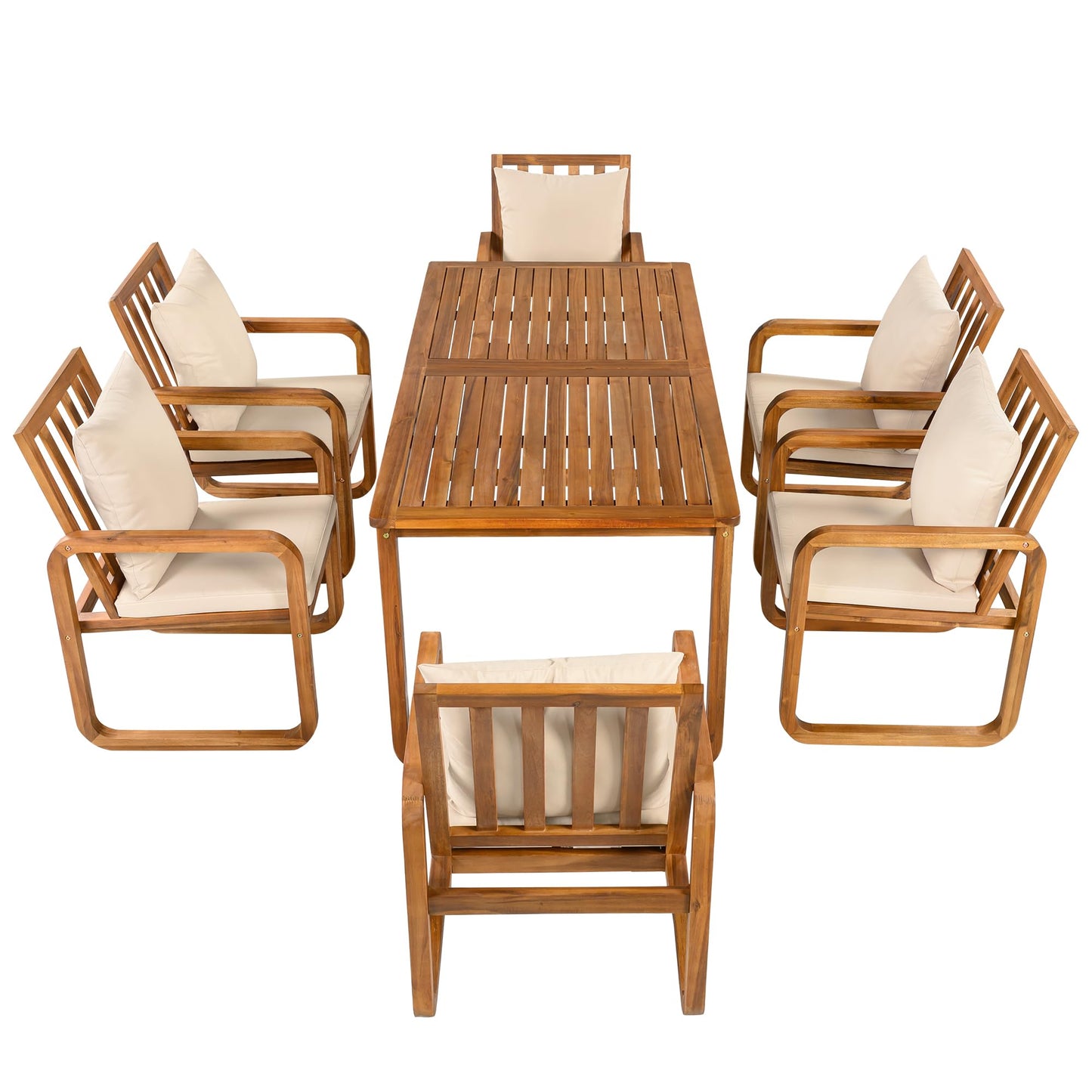 Merax 7 Pieces Patio Dining Set, Outdoor Acacia Wood Furniture for 6, with Table and Removable Cushioned Chairs for Backyard, Brown