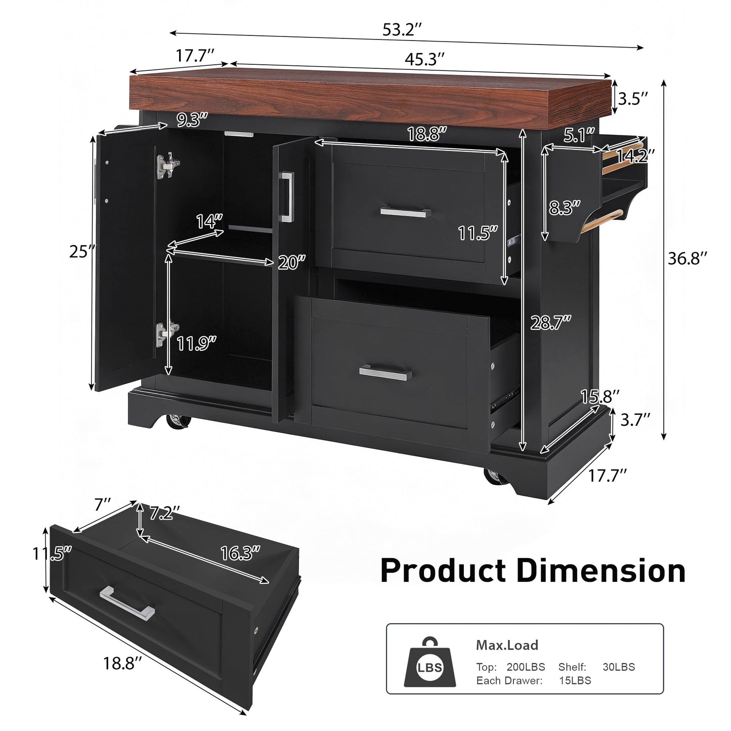 Trygoal 53.2" Rolling Kitchen Island with Storage, 3.5" Thick Countertop, Spice Rack, Towel Rack, Drawer & Cabinet - Mobile Kitchen Cart on Wheels for Kitchen, Dining Room, Black
