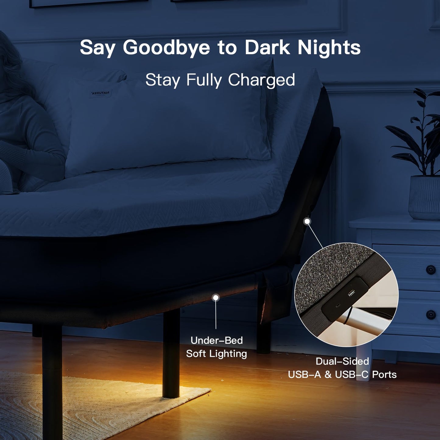 Pipishell Twin XL Adjustable Bed Frame, Electric Bed Base with Head & Foot Incline, USB-A & USB-C Ports, LED Under-Bed Lighting, 4 Leg Height Options, and Easy 3-Step Assembly