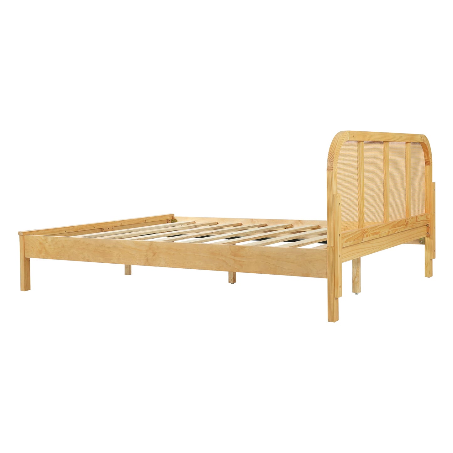 Merax Queen Size Natural Wood Bed Frame with Rattan Headboard, Boho Style Platform Bed Frame with Sturdy Solid Slats Support, No Box Spring Needed, 800lbs Capacity, Noise-Free, Easy Assembly