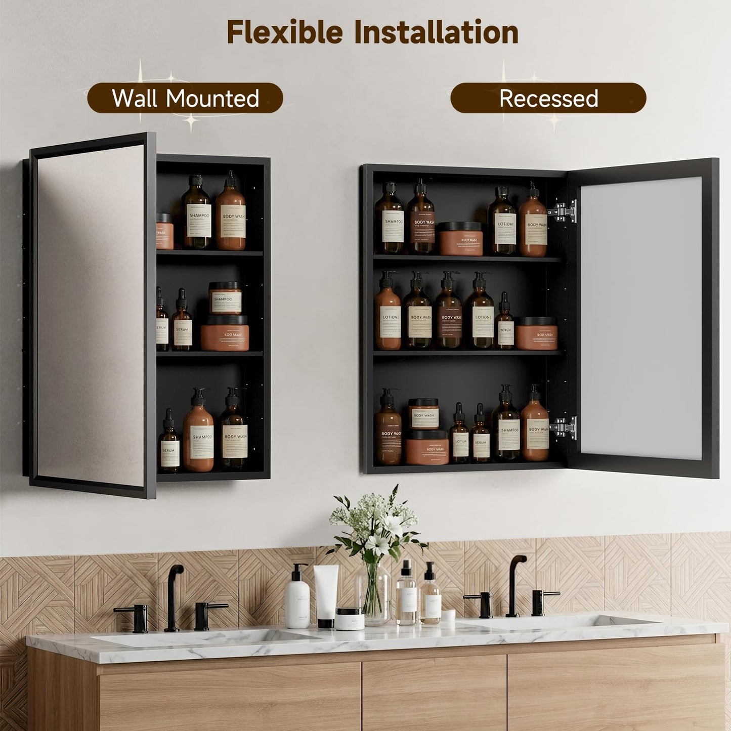 20"x28"Black Medicine Cabinets for Bathroom with Mirror, Aluminum Alloy Framed Mirror, Recessed(18.85"x22.85")or Surface Wall-Mounted(20"x28") Metal Bathroom Vanity Mirror with Storage Cabinet