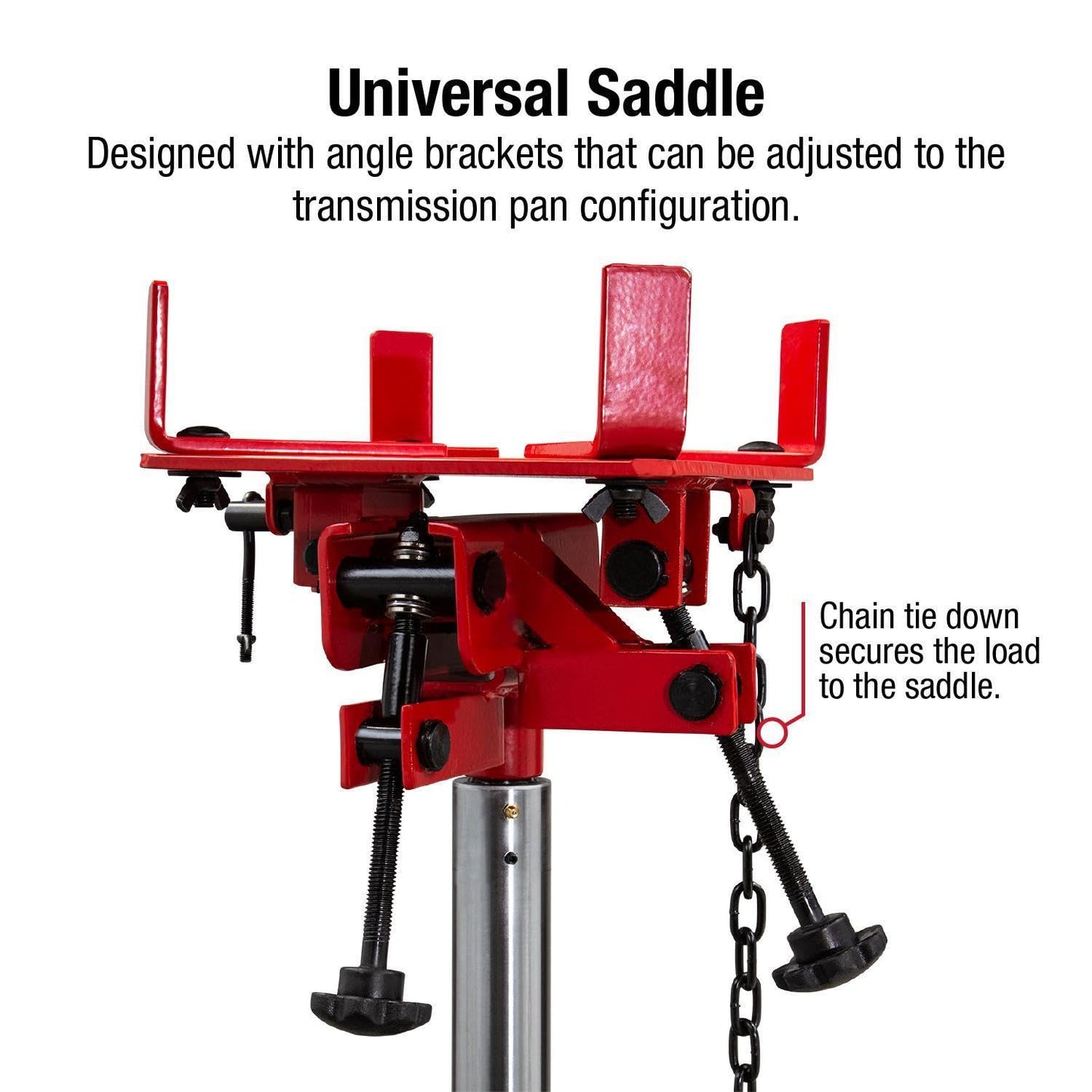 Sunex Tools 7793B 1,000 lb Telescopic Transmission Jack, Hydraulic, Foot Pump Operated, Tilt Saddle with Chain Tie-Down, 74.2 in Max Height