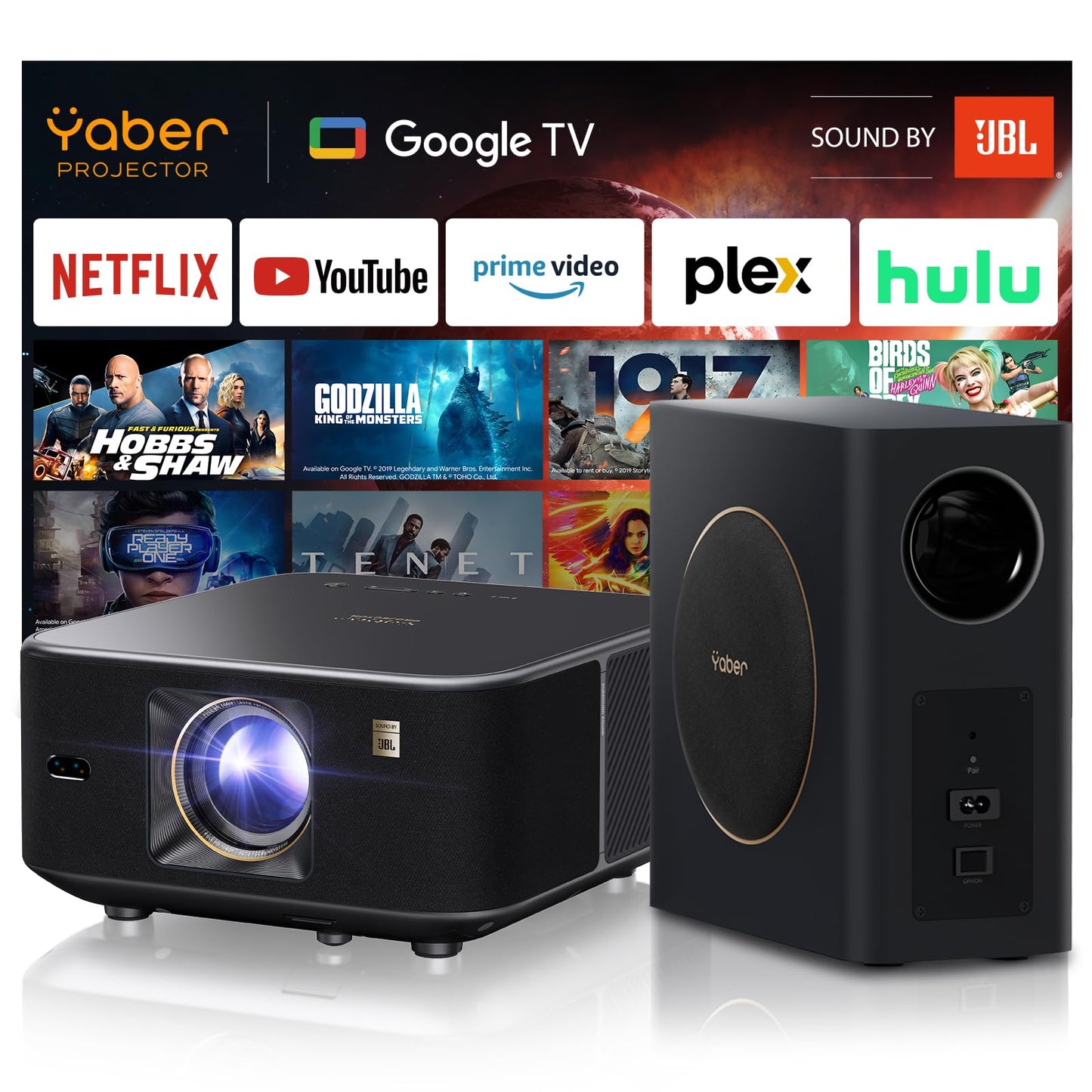 Yaber K3 Pro Projector with Subwoofer set Smart Projector with Google TV, 30W Speaker Sound by JBL, Dolby Audio, Home/Outdoor Movie Projector with WiFi6 and Bluetooth, Netflix 7000+app