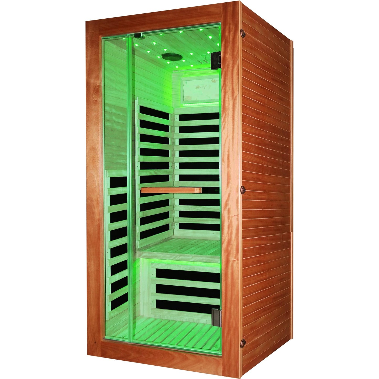 YJSPSSW Single-Person Sauna Room – Compact Infrared Heat Therapy Cabin with 7 Heating Plates, Starry Sky LED & Oguman Wood Design (900x900x1800mm)