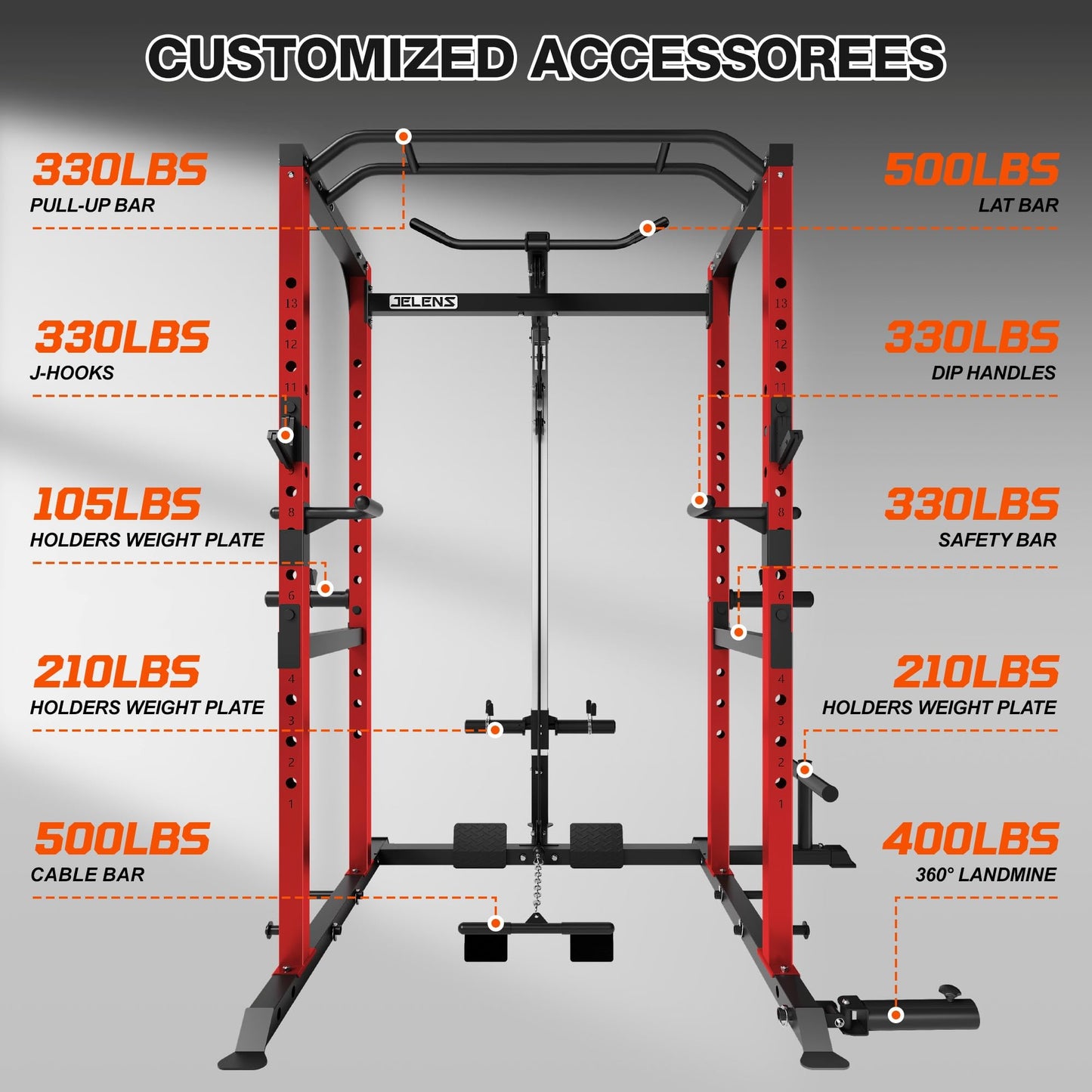 JELENS S21 Power Cage, Multi-Function Power Rack with Adjustable Cable Crossover System, 2000LBS Squat Rack for Home Gym with More Training Attachments (Red, 0823BK-05)