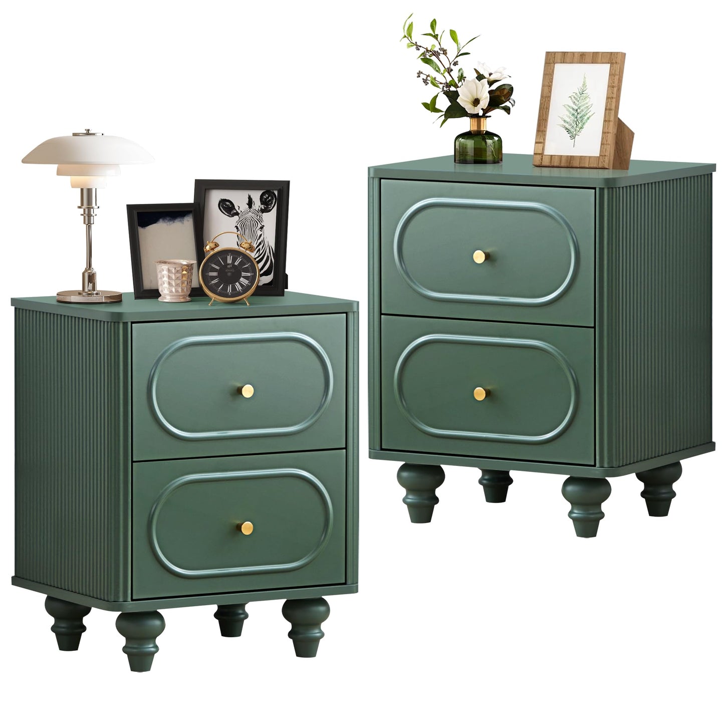 2 Drawer Fluted Nightstand Set of 2, Mid Century Modern Farmhouse Night Stand Small End Table Bedside Table for Bedroom, Green