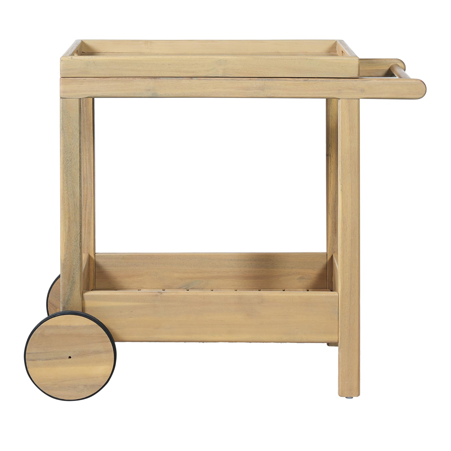 Christopher Knight Home Sara Acacia Wood Outdoor Bar Cart with Wheels, Rolling Kitchen Cart with Tray, Rolling Serving Cart for Patio, Deck & Backyard, Natural Wood
