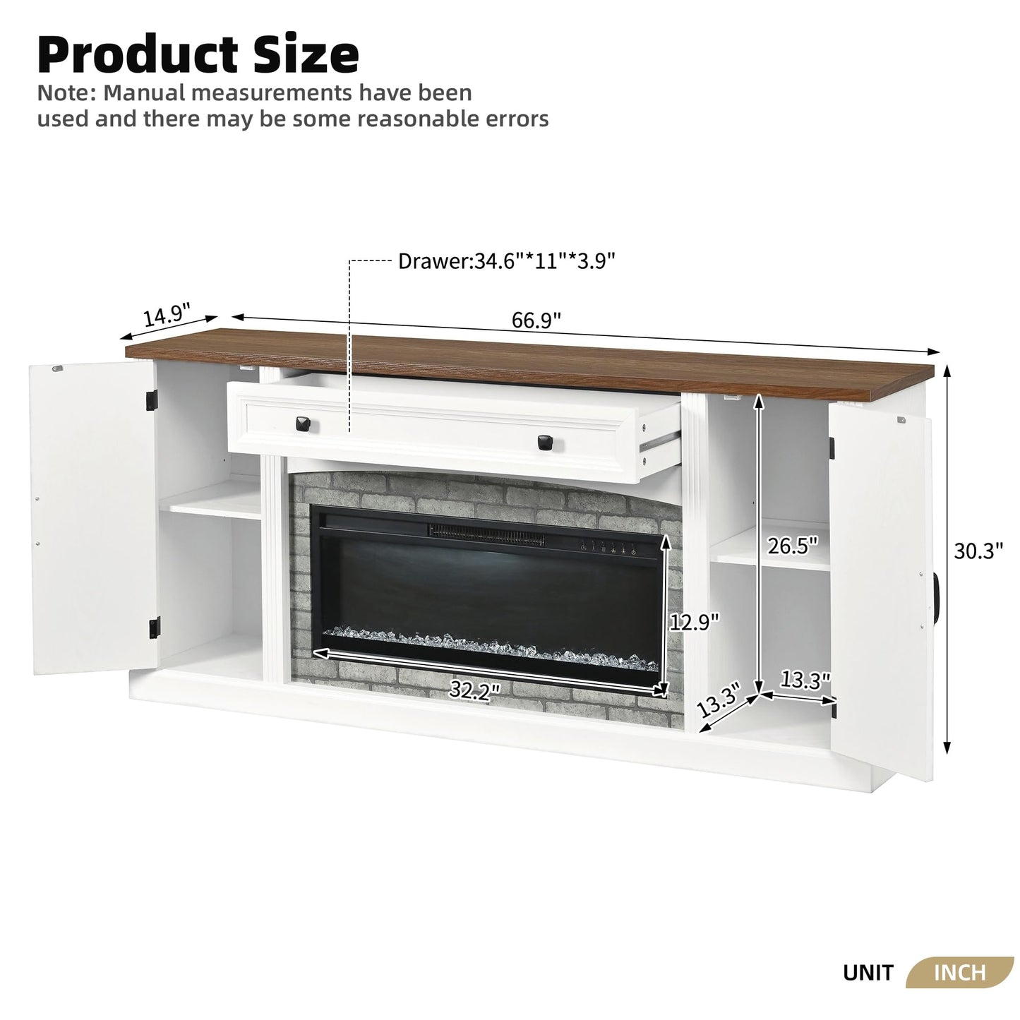 Merax Electric Fireplace TV Stand with Storage, Farmhouse Entertainment Center for Living Room, Heater Unit with Adjustable Shelves & Cable Management, MDF Wood Media Console Table, White