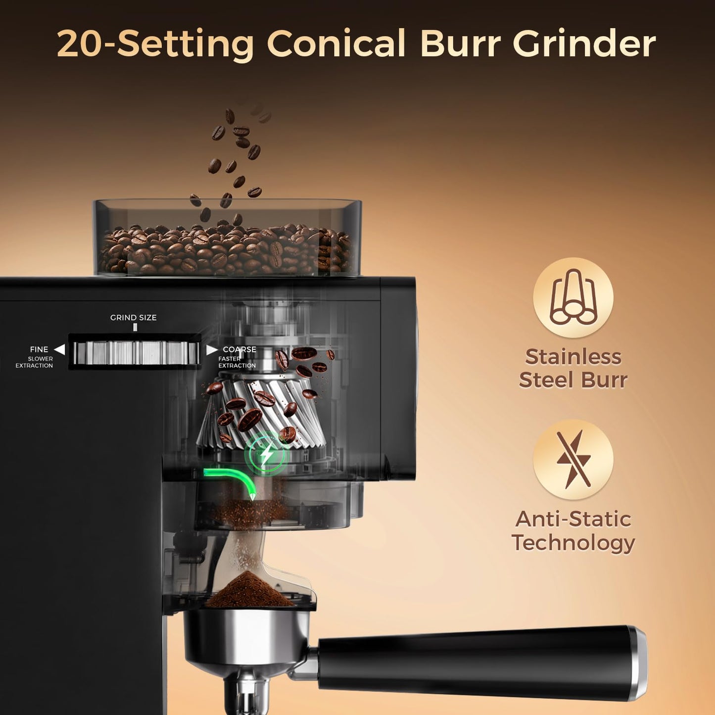 CHULUX Nero Espresso Machine with Built-in Conical Burr Grinder, 4-in-1 20 Bar Espresso Coffee Maker for Cappuccino, Latte, Hot & Iced Espresso and Hot Water, Mystic Black