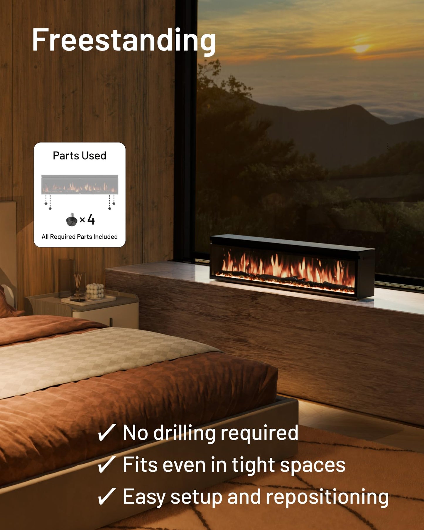 WALL FLAMEBAR Electric Fireplace Freestanding, Wall Mounted, Moves with TV Stand – WiFi Enabled,750/1500W Heater, 1500 Flame Color Combinations, for Living Room or Bedroom, Modern 40" Wide