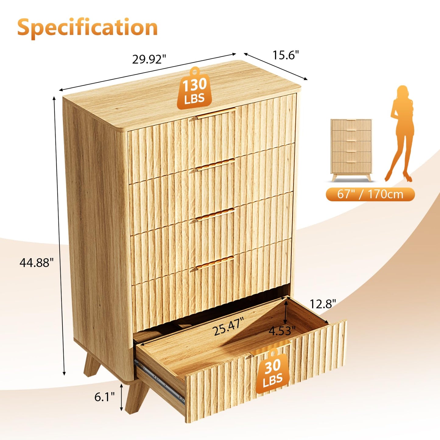 VINGLI Tall Dresser for Bedroom, Fluted Dresser Vertical Chest of Drawers, Tall Chest of Drawers Bedroom with Rounded Edges, 29.92" W*15.6" D*44.88" H