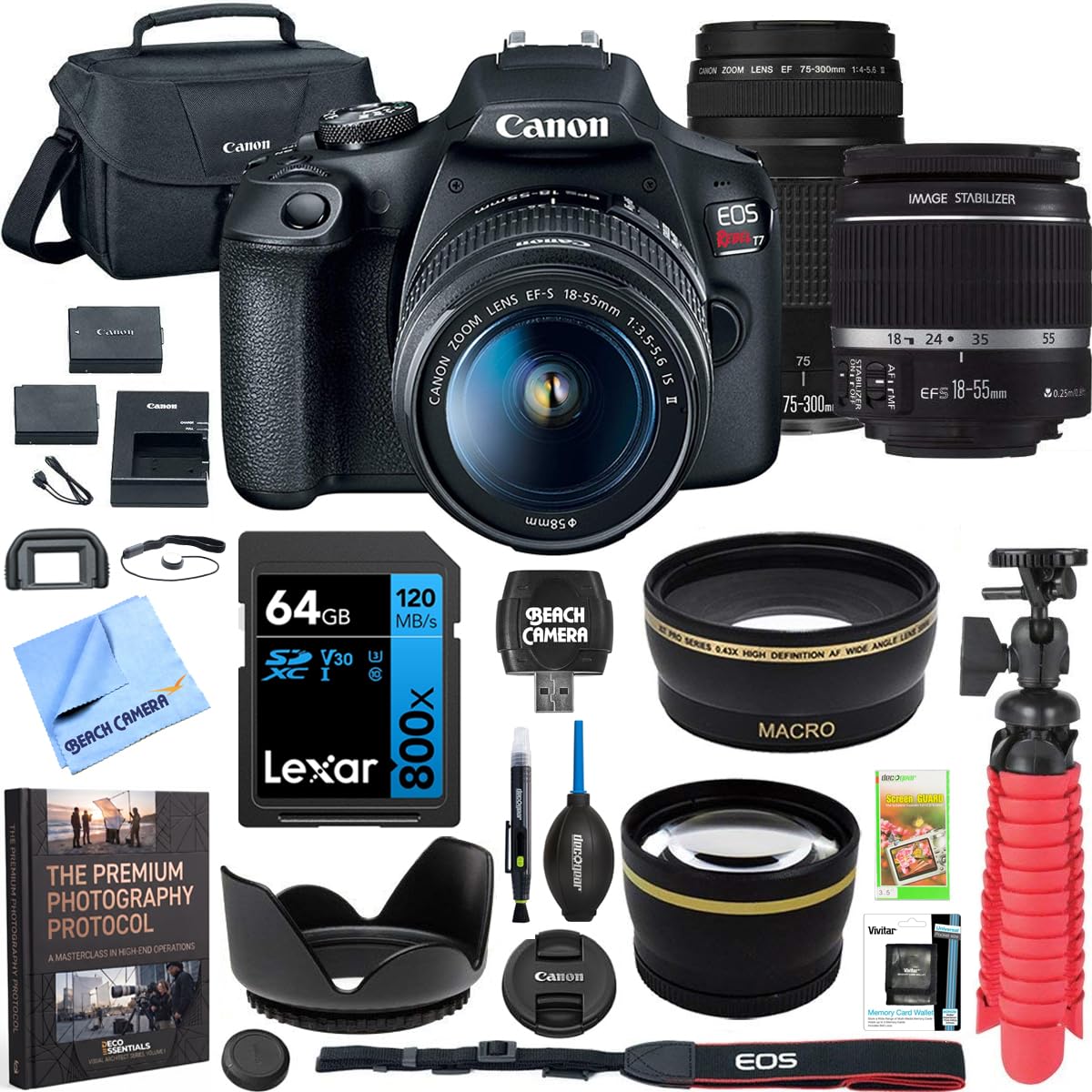 Canon T7 EOS Rebel DSLR Camera with EF-S 18-55mm f/3.5-5.6 is II and EF 75-300mm f/4-5.6 III Lens Plus Double Battery, Memory Card, Deluxe Case, Cleaning Kit and Mini Tripod Accessory Bundle