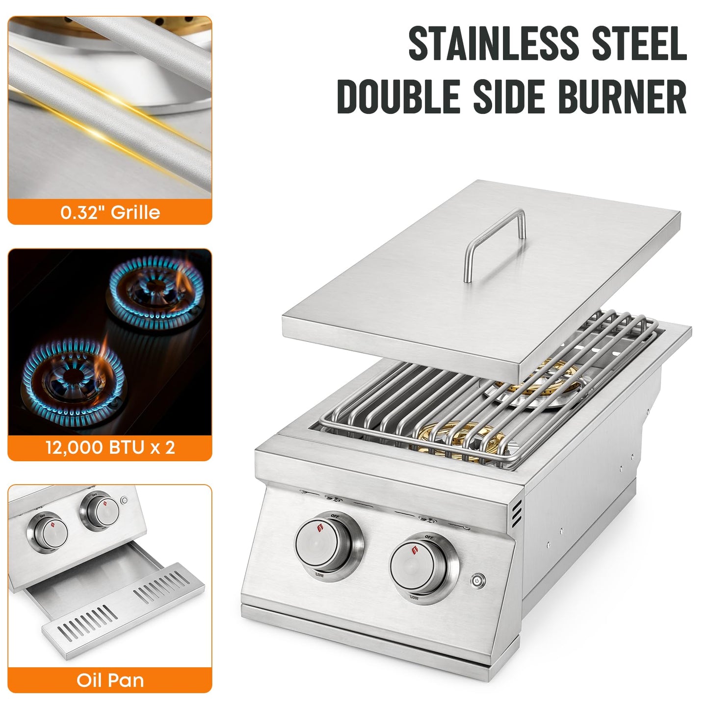 Hygrill 24,000BTU Liquid Propane Double Side Burner, Built In Double Grilling Side Burners for Outdoor Kitchen, Outdoor BBQ Grill Island