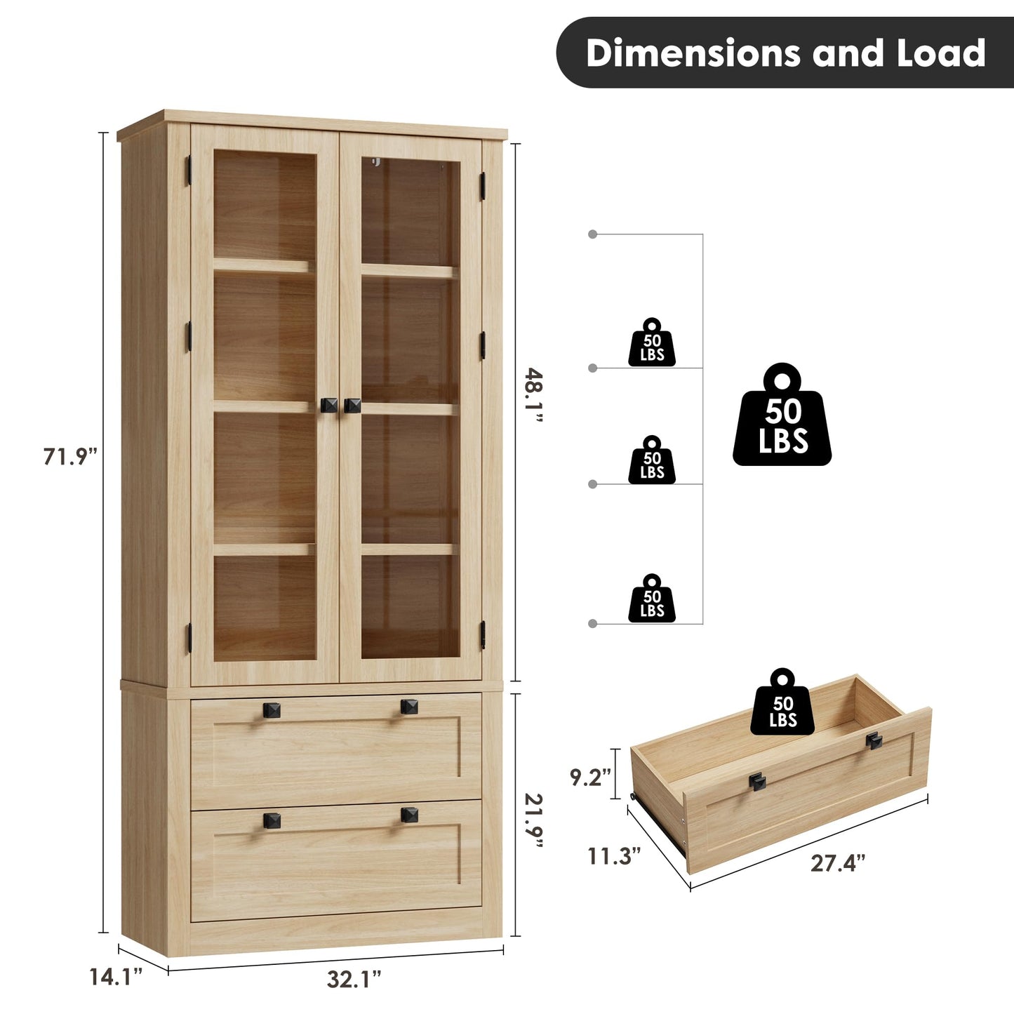 71" Tall Kitchen Pantry Cabinet - Modern Display Storage Cabinet with 2 Large Drawers, Glass Doors, and Adjustable Shelves, Farmhouse Kitchen Cupboard for Dining Room, Bathroom, Living Room, Natural