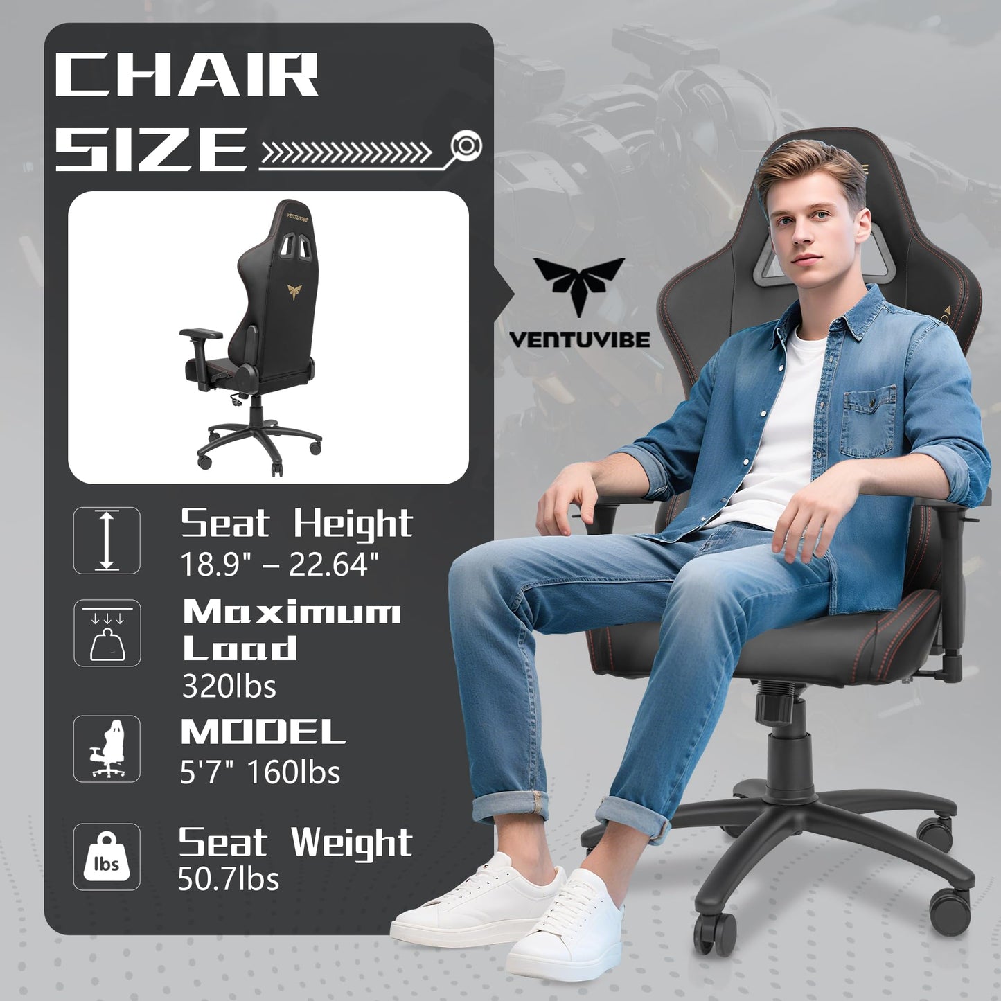 VENTUVIBE Gaming Chair 4D Adjustable Armrests - 170° Reclining & 320lb Capacity, High Back Ergonomic Computer Chair with Lumbar Support, Office Game Chair for Adults, PU Black