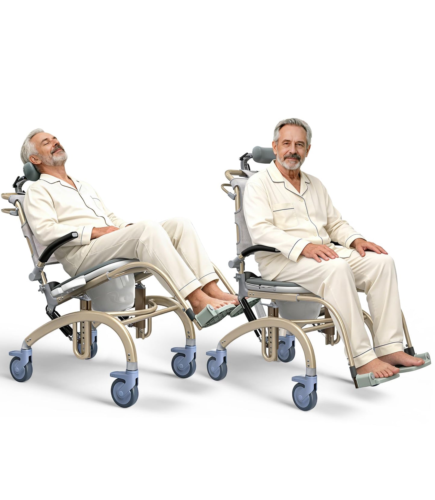 Vocic Reclining Shower Chair with Wheels for Elderly and Disabled, Height Adjustable Rolling Bath Chair with Drop Arms (300 lbs)