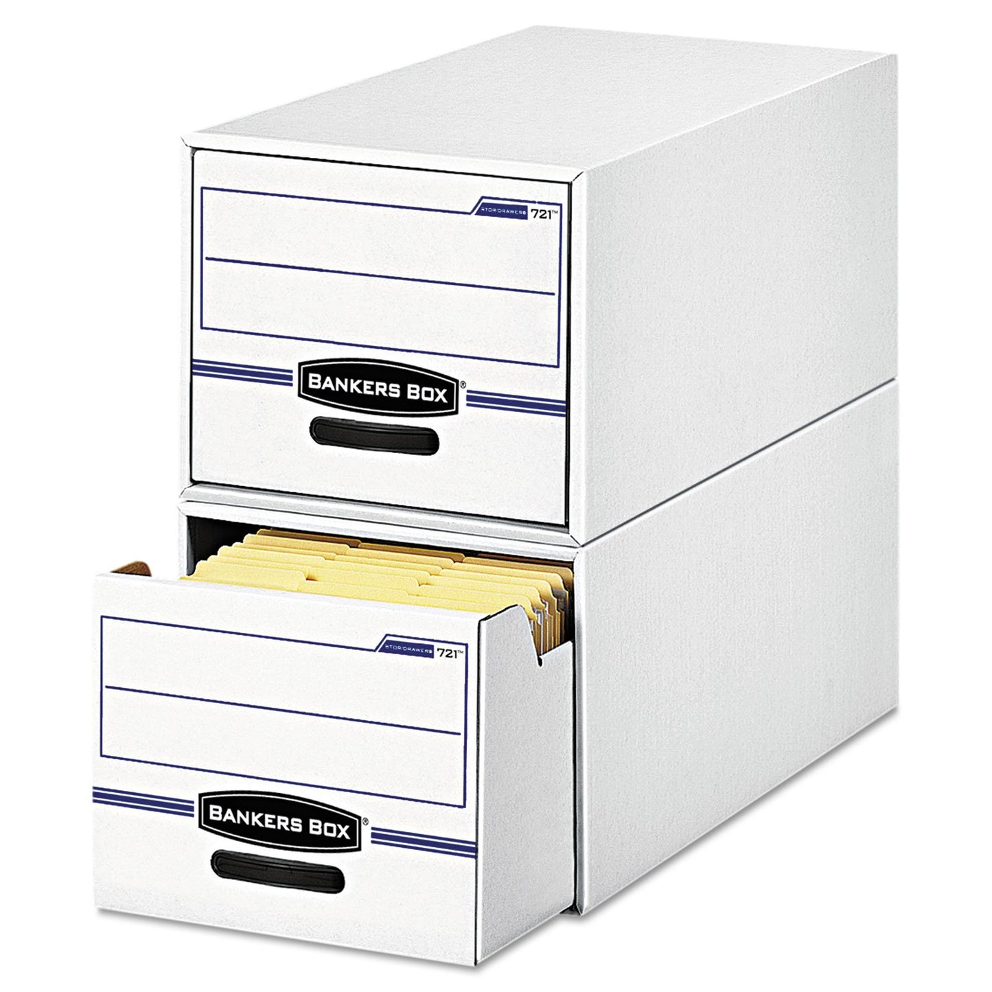 Banker's Box 6 Pack STOR/DRAWER STEEL PLUS Basic Space Saving Filing Cabinet, Stacks 2 High, Legal, White/Blue