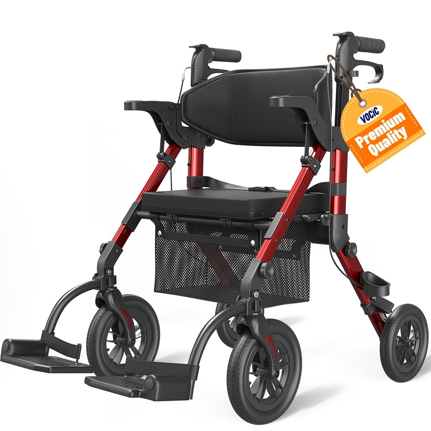 VOCIC Walkers for Seniors, Wheelchairs for Adults, Rollator Walker with Seat, 2 in 1 Rollator Transport Chair with Brakes, Rollator Lightweight Foldable, Walker Wheelchair Combo